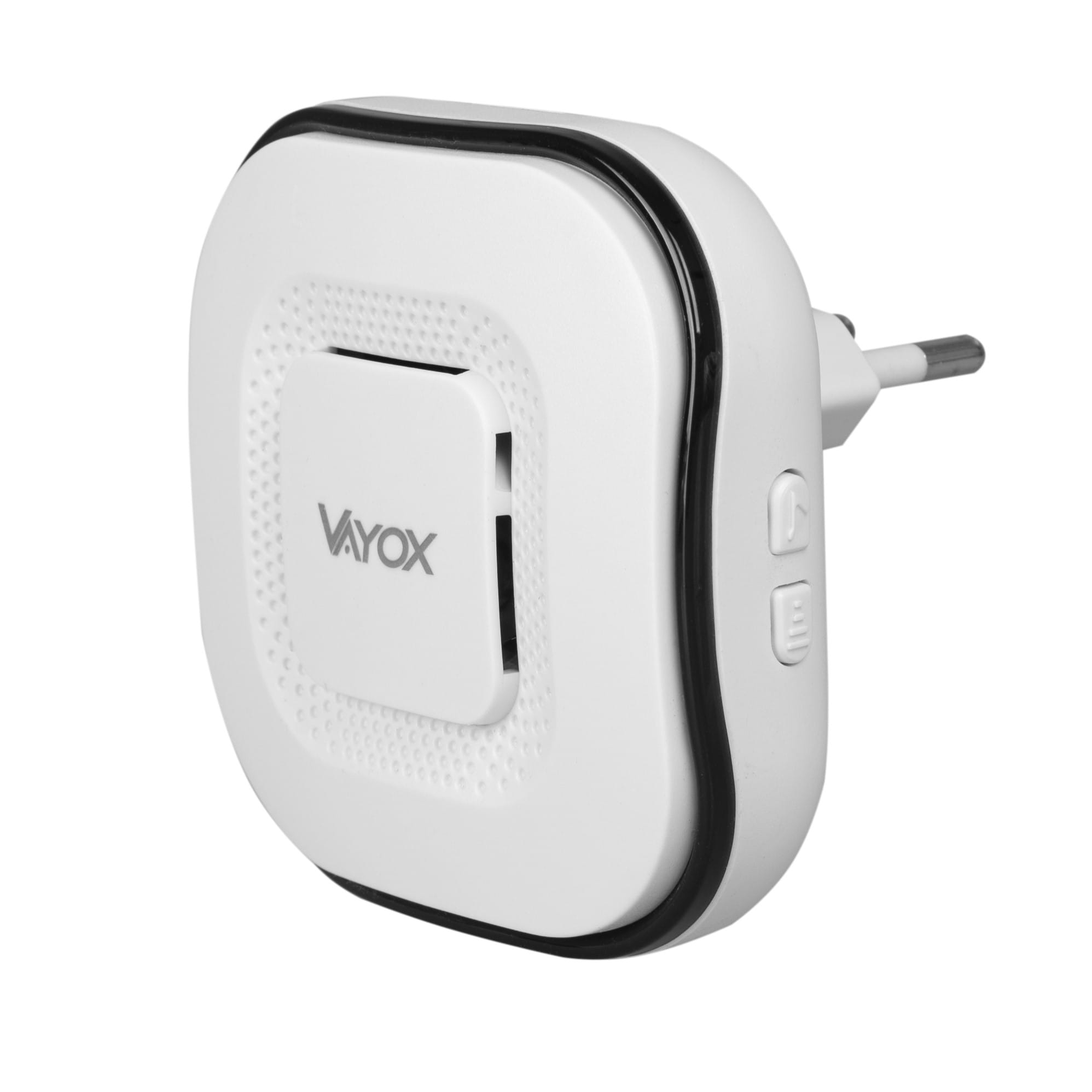 Biało-czarny odbiornik dzwonka bezprzewodowego. Urządzenie wtykowe ma przyciski i logo Vayox.