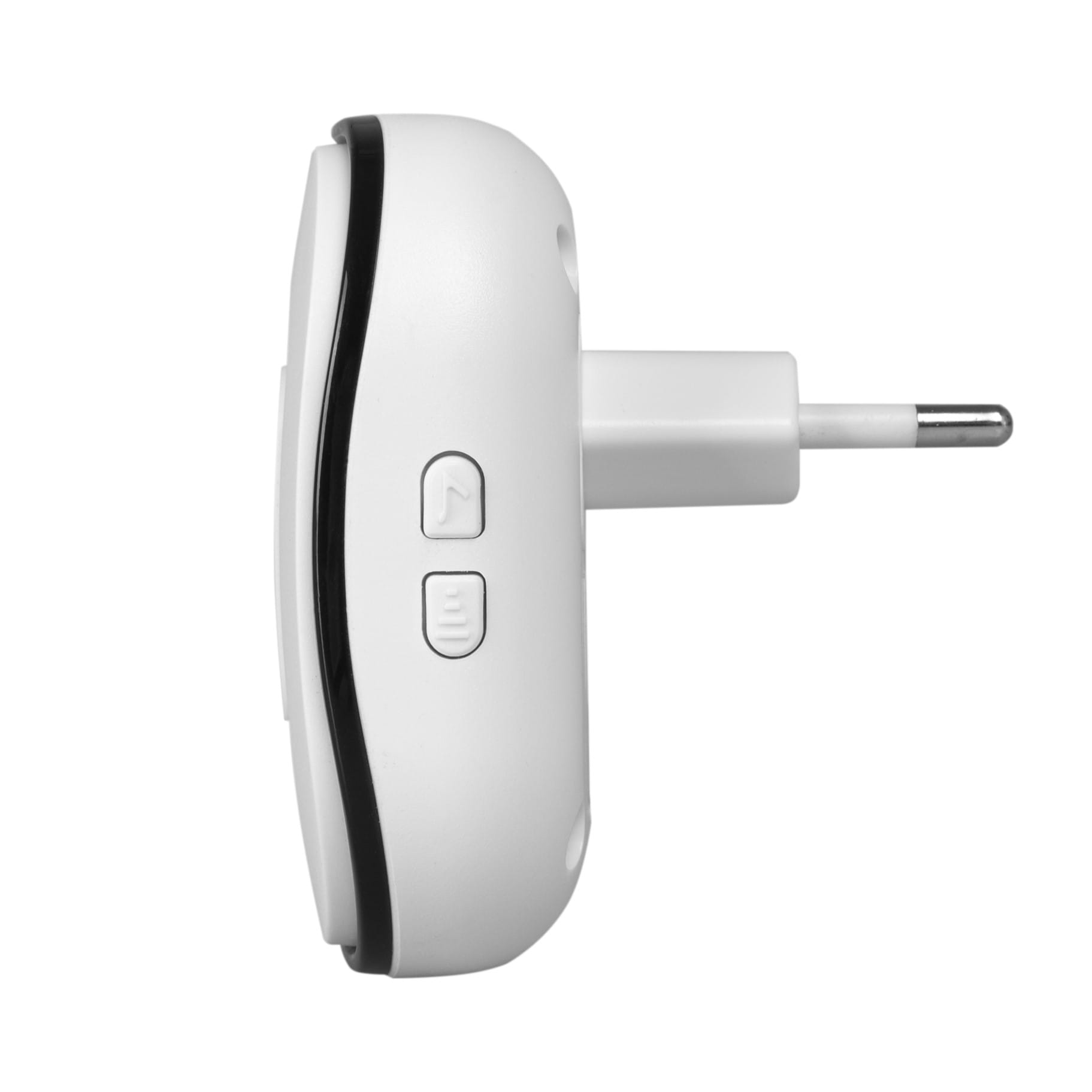 Widok z boku białego i czarnego odbiornika dzwonka bezprzewodowego z przyciskami i wtyczką.