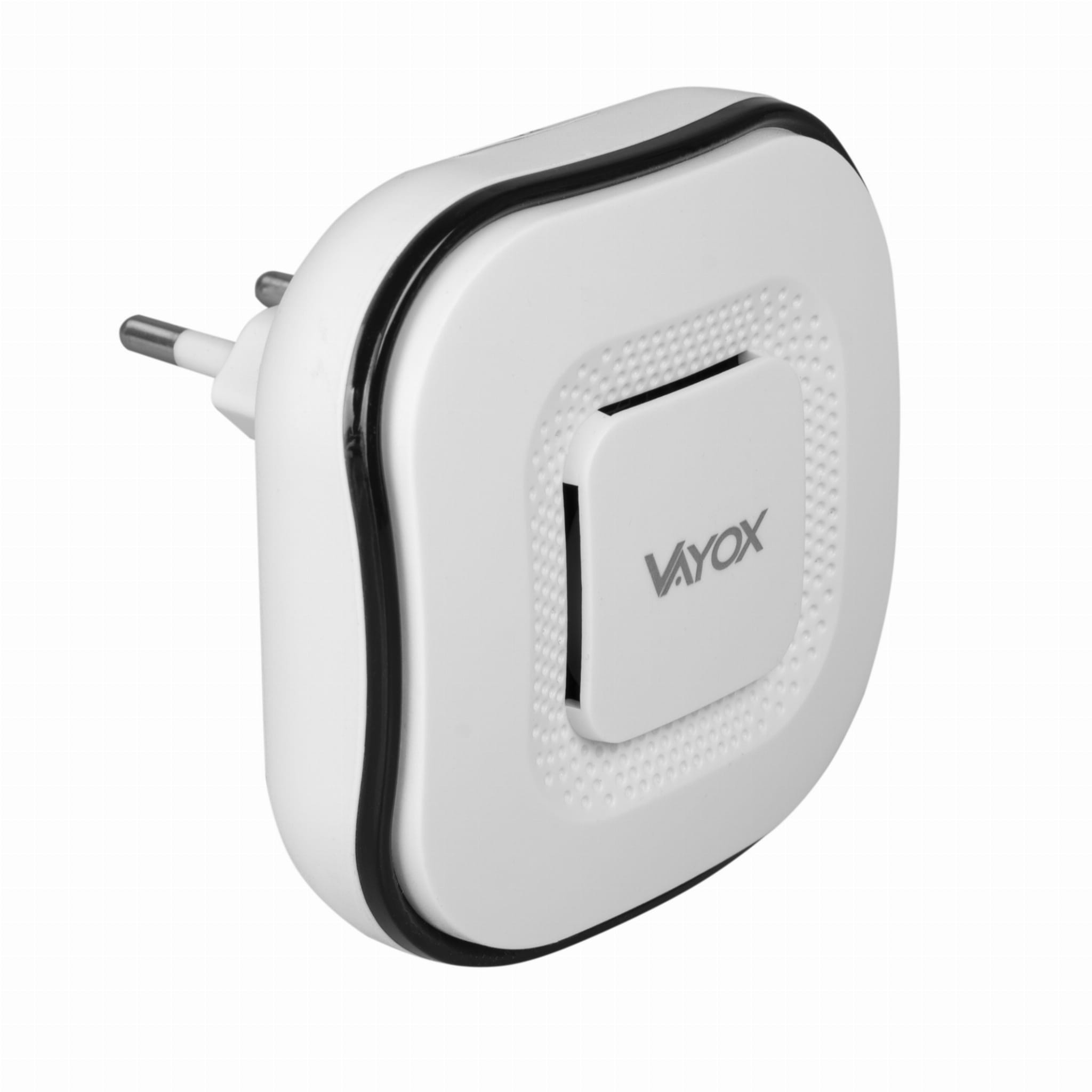 Biało-czarny odbiornik dzwonka bezprzewodowego z logo Vayox. Urządzenie wtykowe, zaokrąglona konstrukcja.