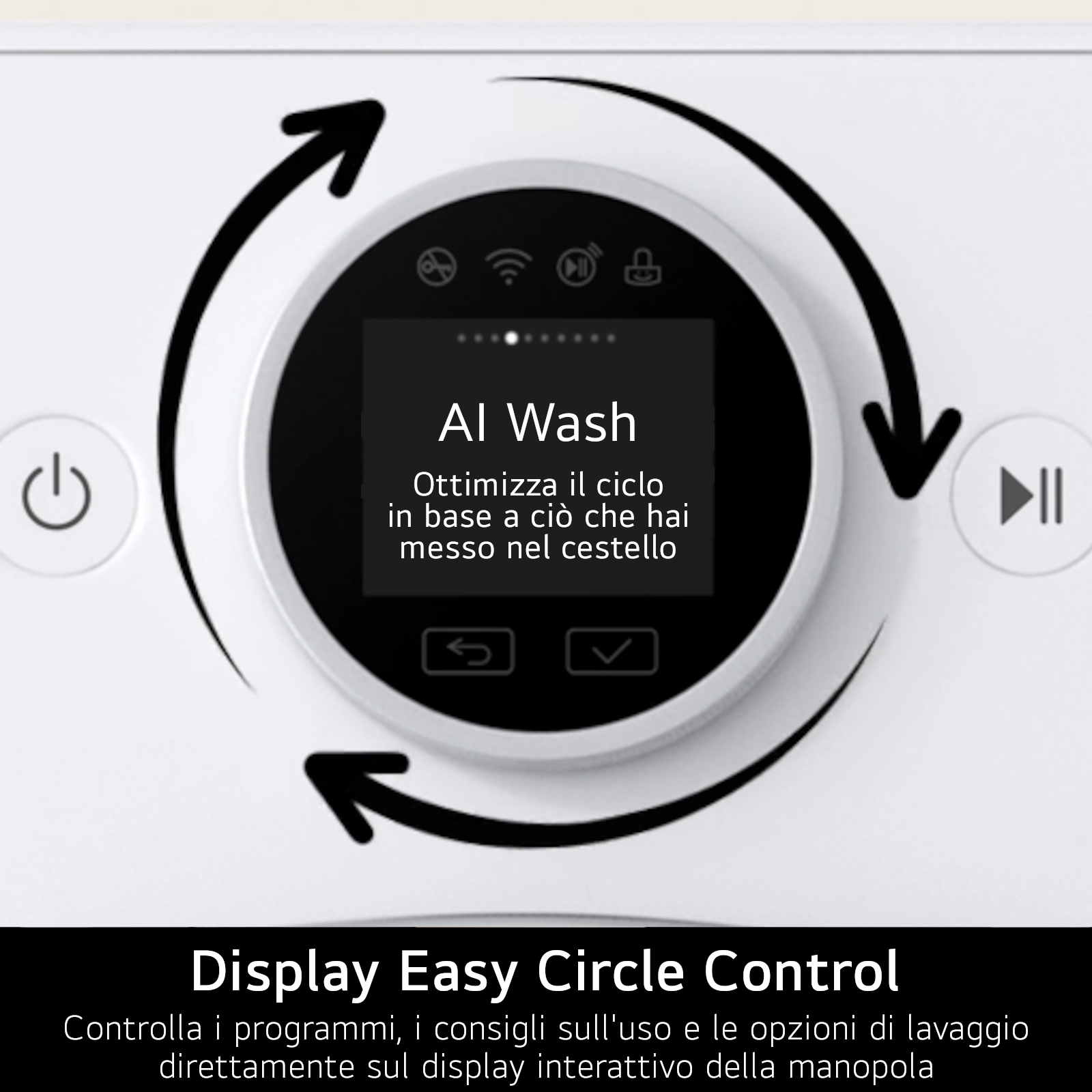 Panel sterowania pralki z okrągłym ekranem i strzałkami. Panel mówi AI Wash i Display Easy Circle Control.