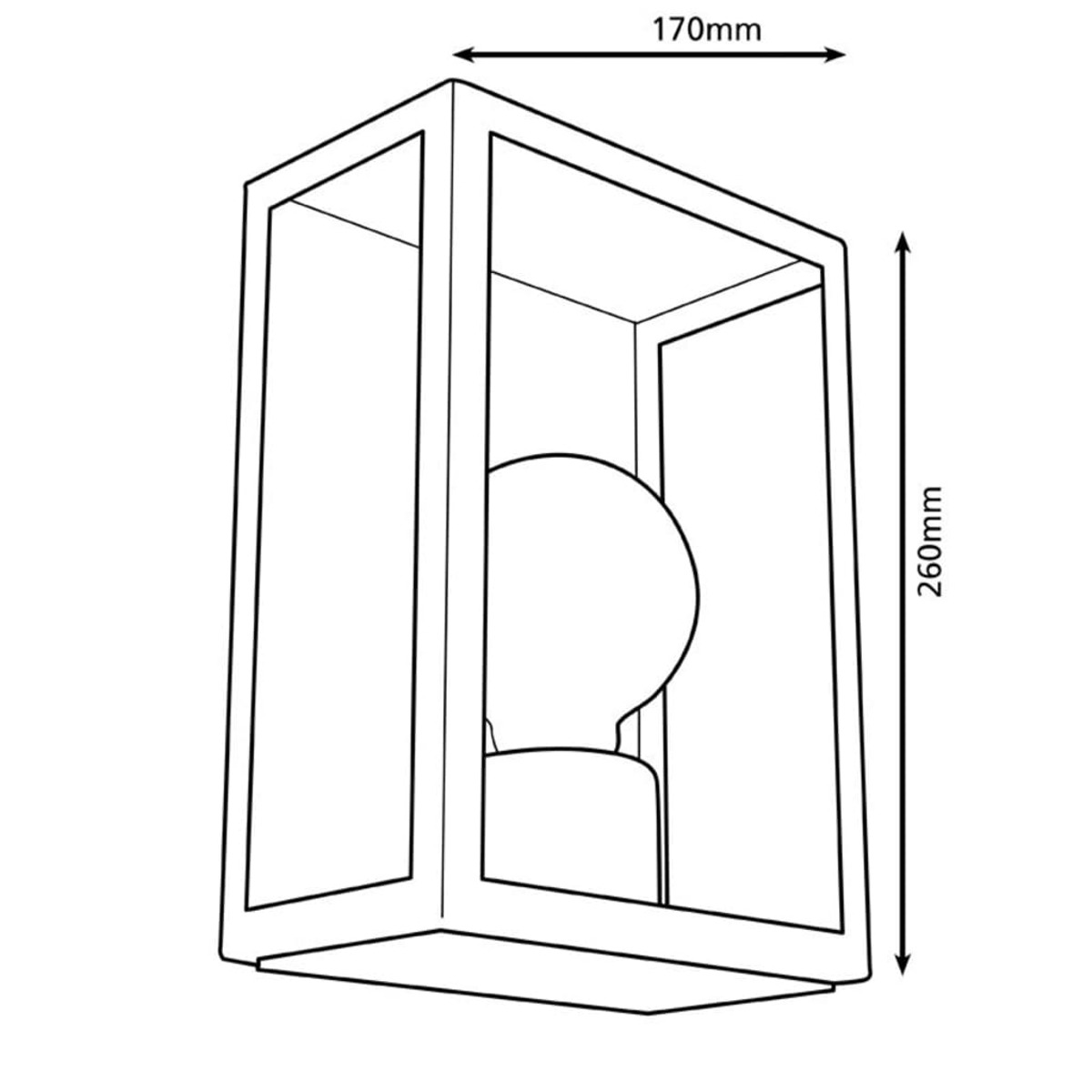 Schema di un'applique rettangolare per esterni. Mostra dimensioni e forma di lampadina all'interno.