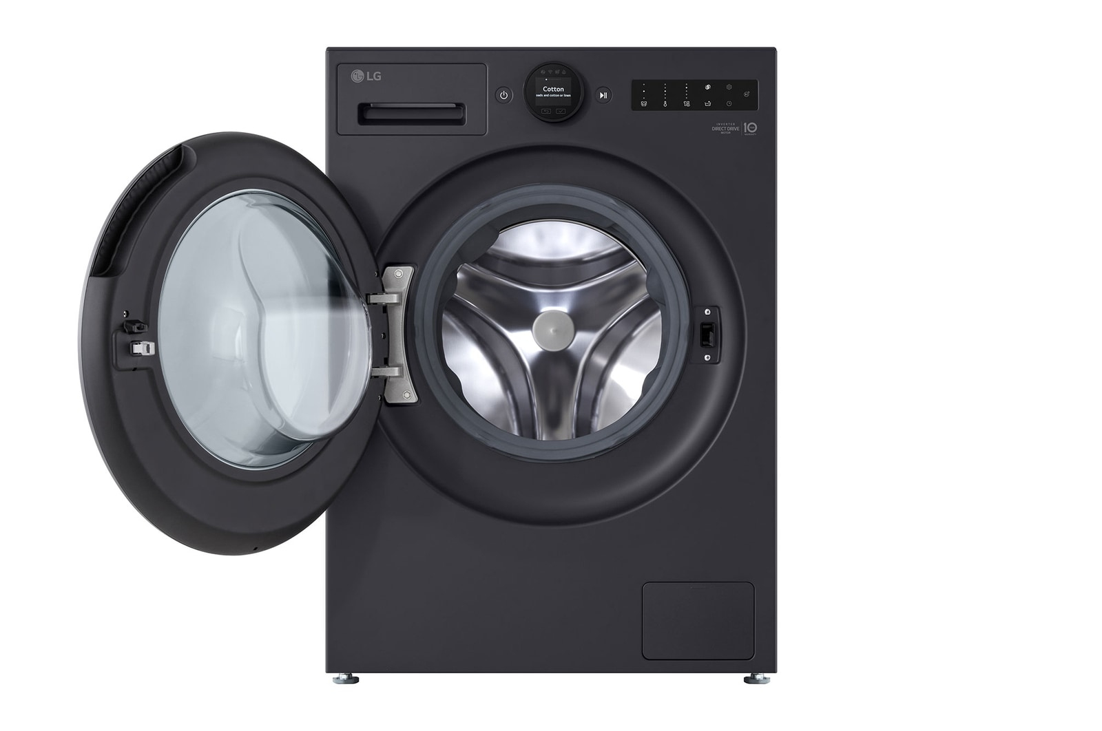 Lavatrice LG nera con porta aperta, tamburo visibile. Pulsanti e display in alto.