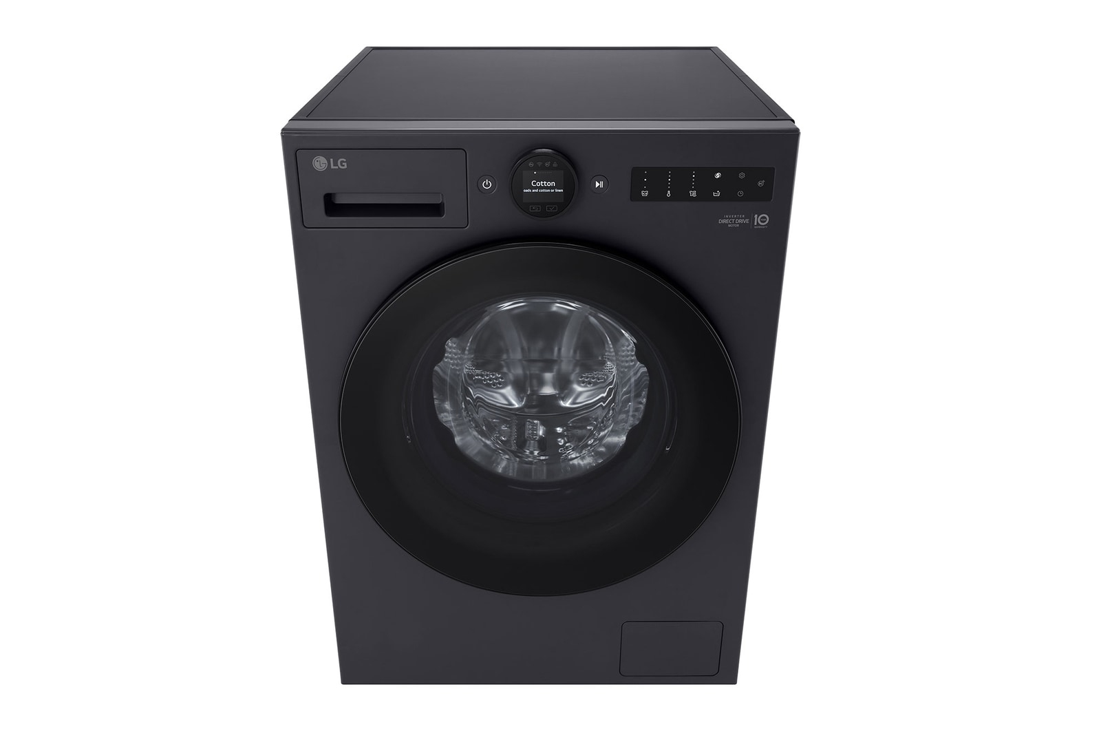 Lavatrice LG nera. La porta è chiusa e il pannello di controllo è visibile in alto.