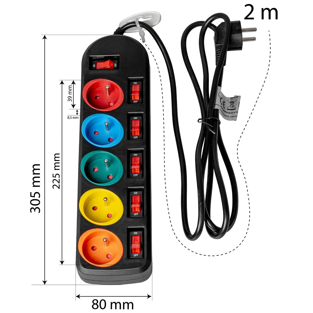 Czarna listwa zasilająca z kolorowymi gniazdami, przełącznikami i wtyczką. Zawiera wymiary i miary.