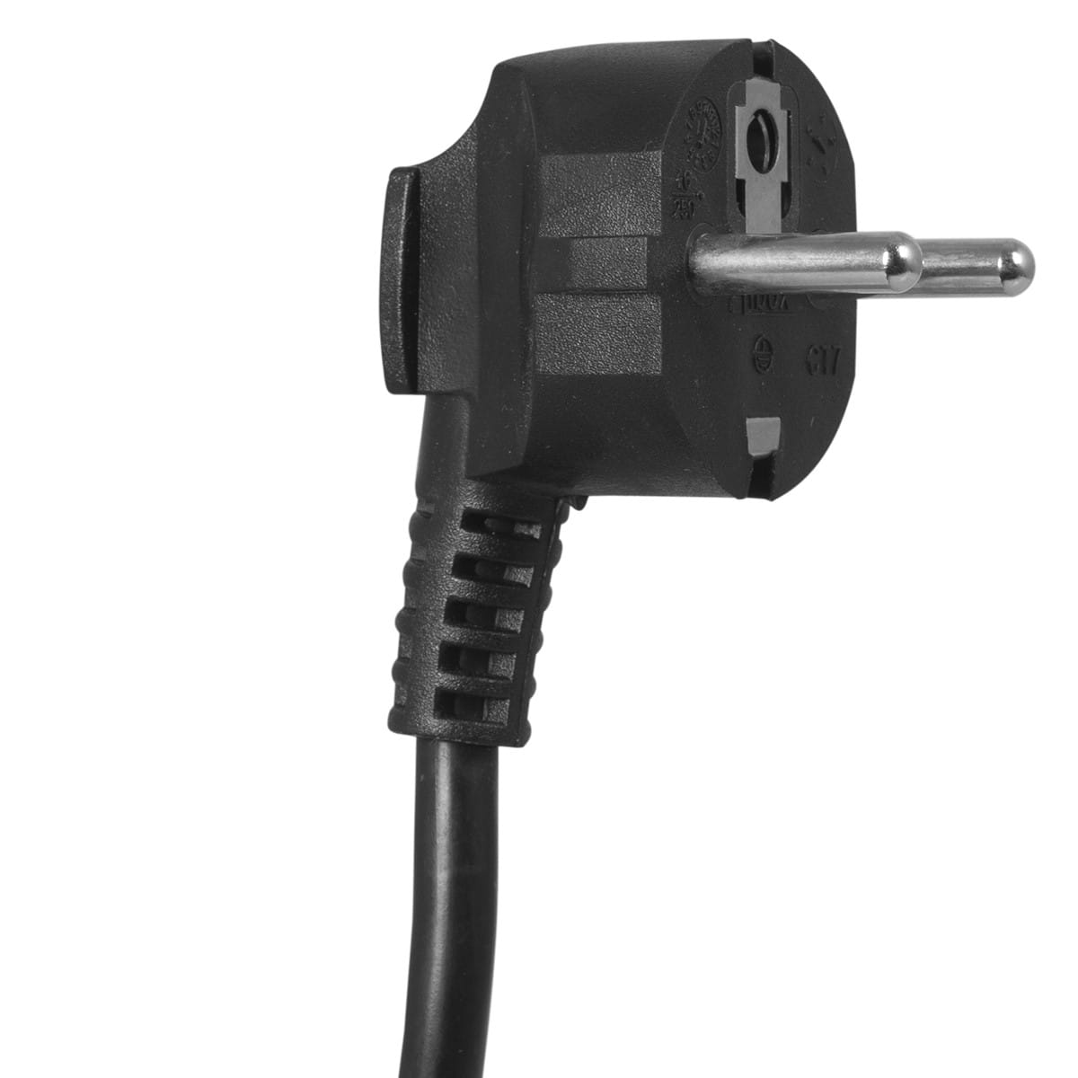 Czarna wtyczka europejska z kątową konstrukcją, dwoma pinami i czarnym przewodem na białym tle.