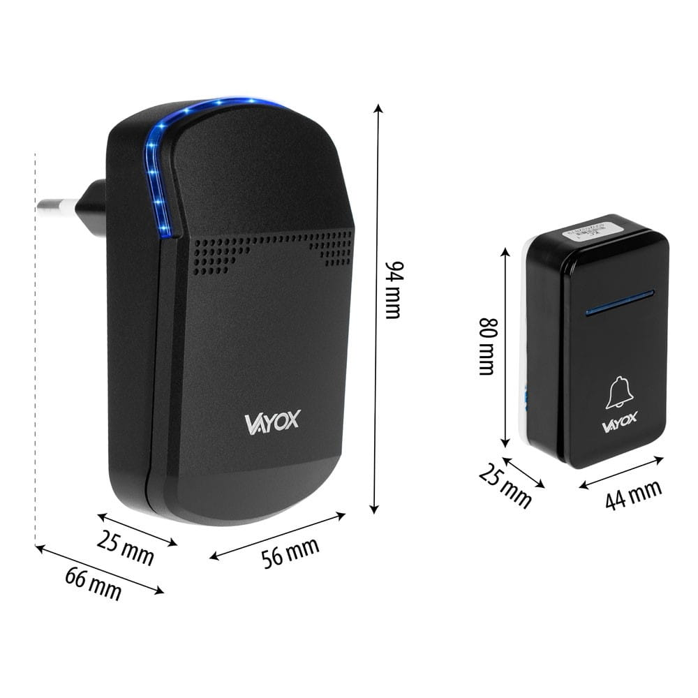 Wymiary czarnego dzwonka do drzwi: 66 mm x 25 mm x 94 mm i 44 mm x 25 mm x 80 mm.