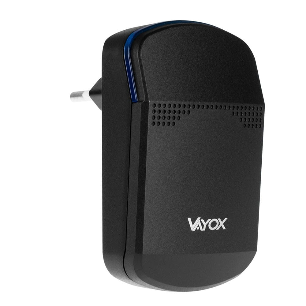 Czarny odbiornik dzwonka Vayox. Na górze widoczne jest niebieskie światło.