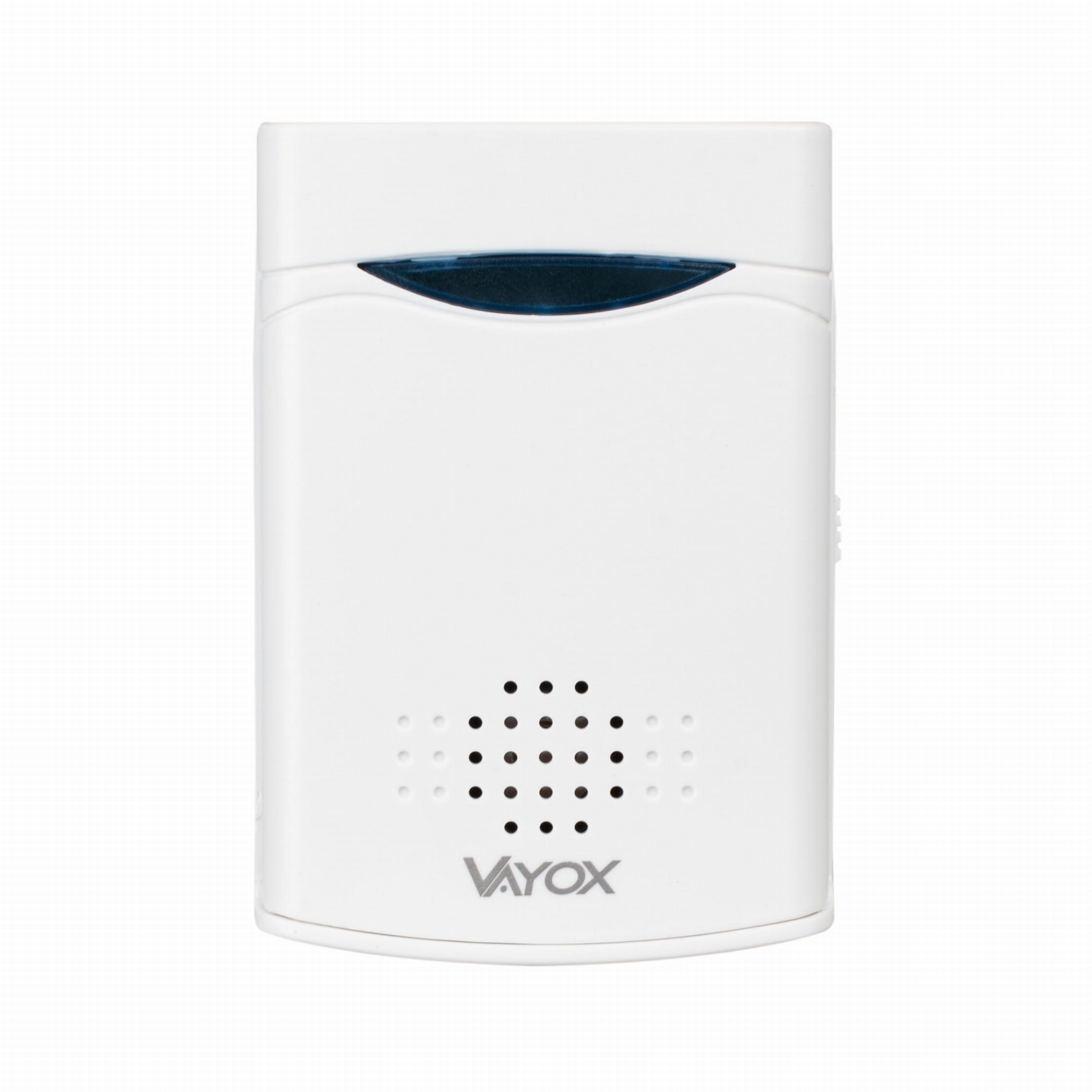 Białe urządzenie Vayox z niebieskim światłem na górze i głośnikiem z otworami.