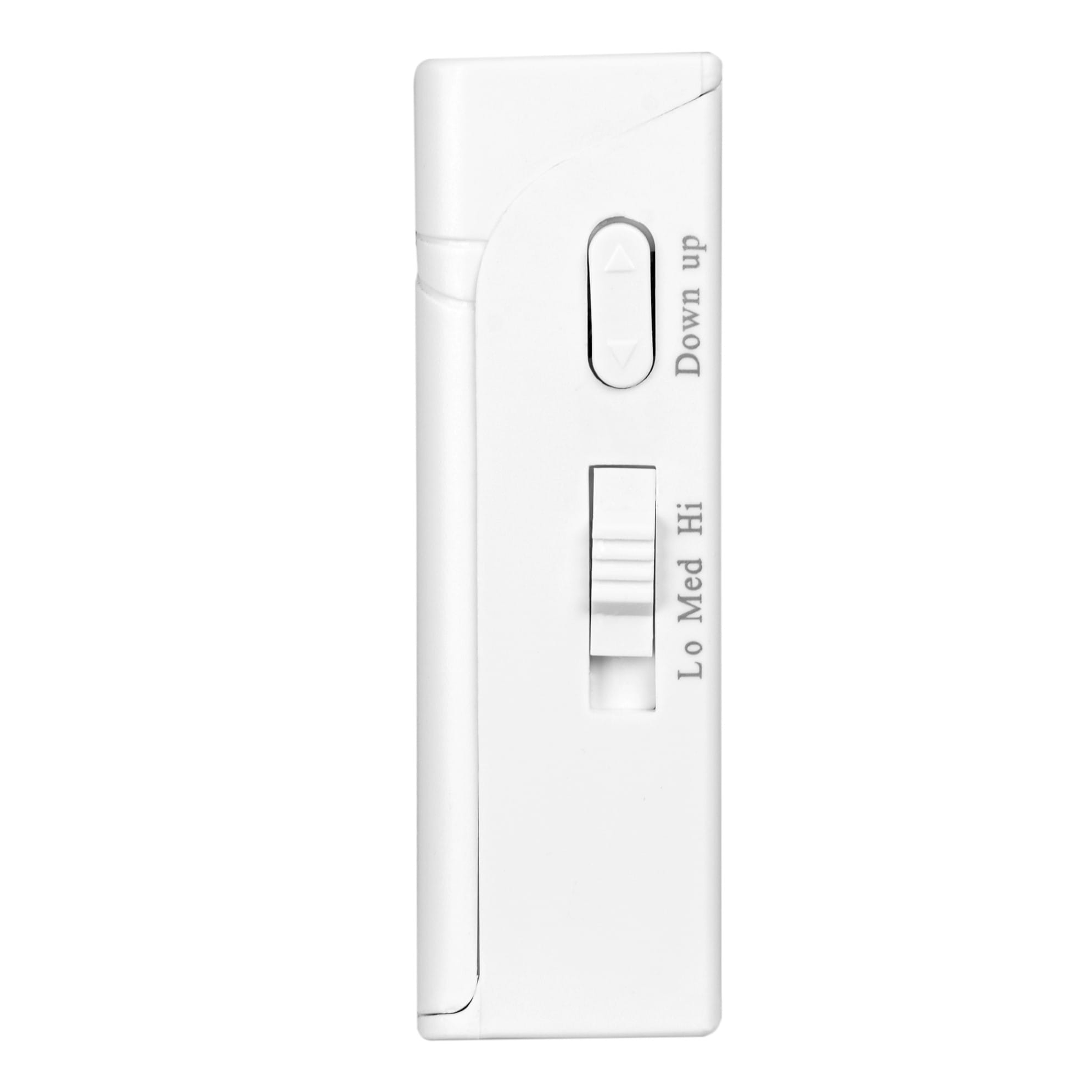 Widok z boku białego odbiornika dzwonka bezprzewodowego. Ma suwak i przycisk.