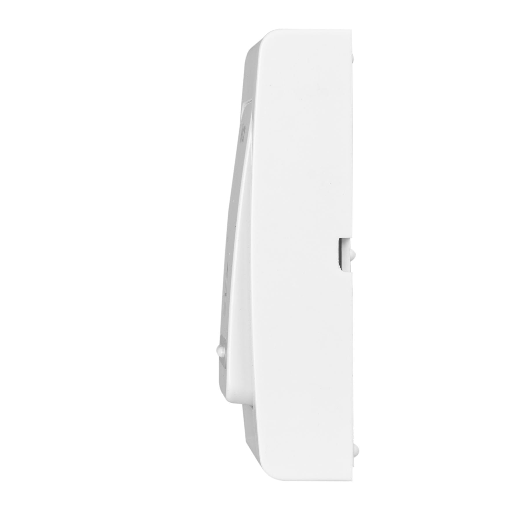 Widok z boku białego odbiornika dzwonka bezprzewodowego. Jest prostokątny i ma lekko zakrzywiony przód.