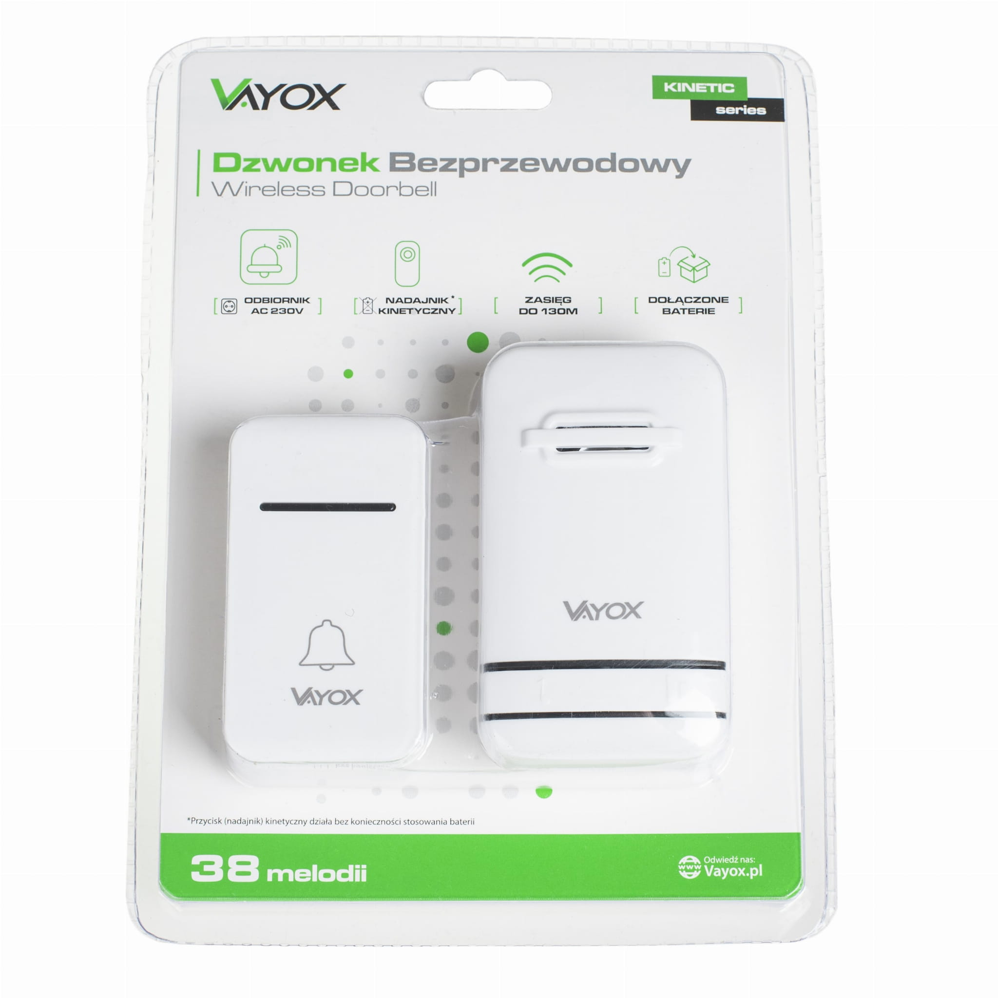 Biały dzwonek bezprzewodowy w opakowaniu. Opakowanie posiada ikonę dzwonka i przycisk.