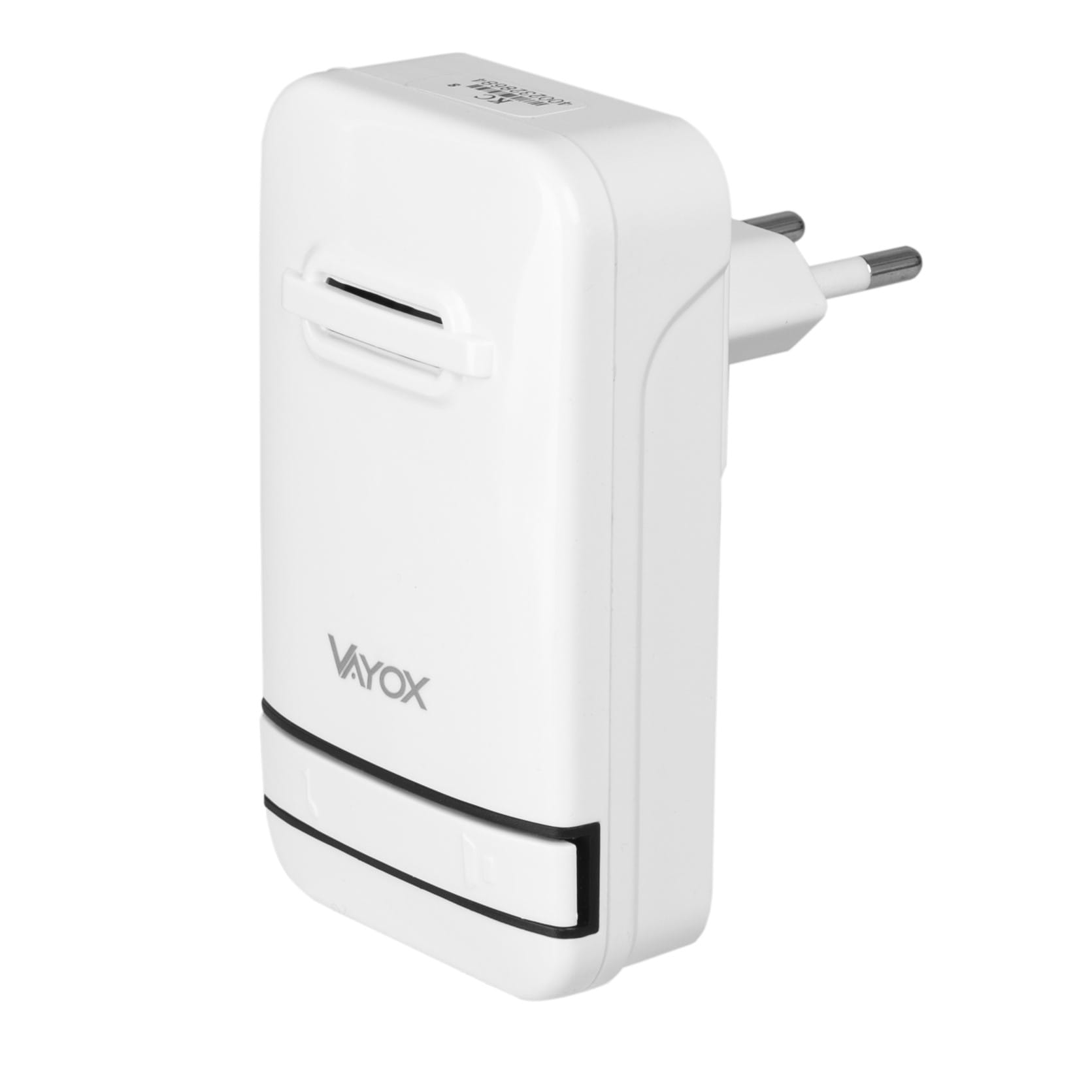 Białe urządzenie wtykowe Vayox. Widok z boku. Czarny pasek na dole.