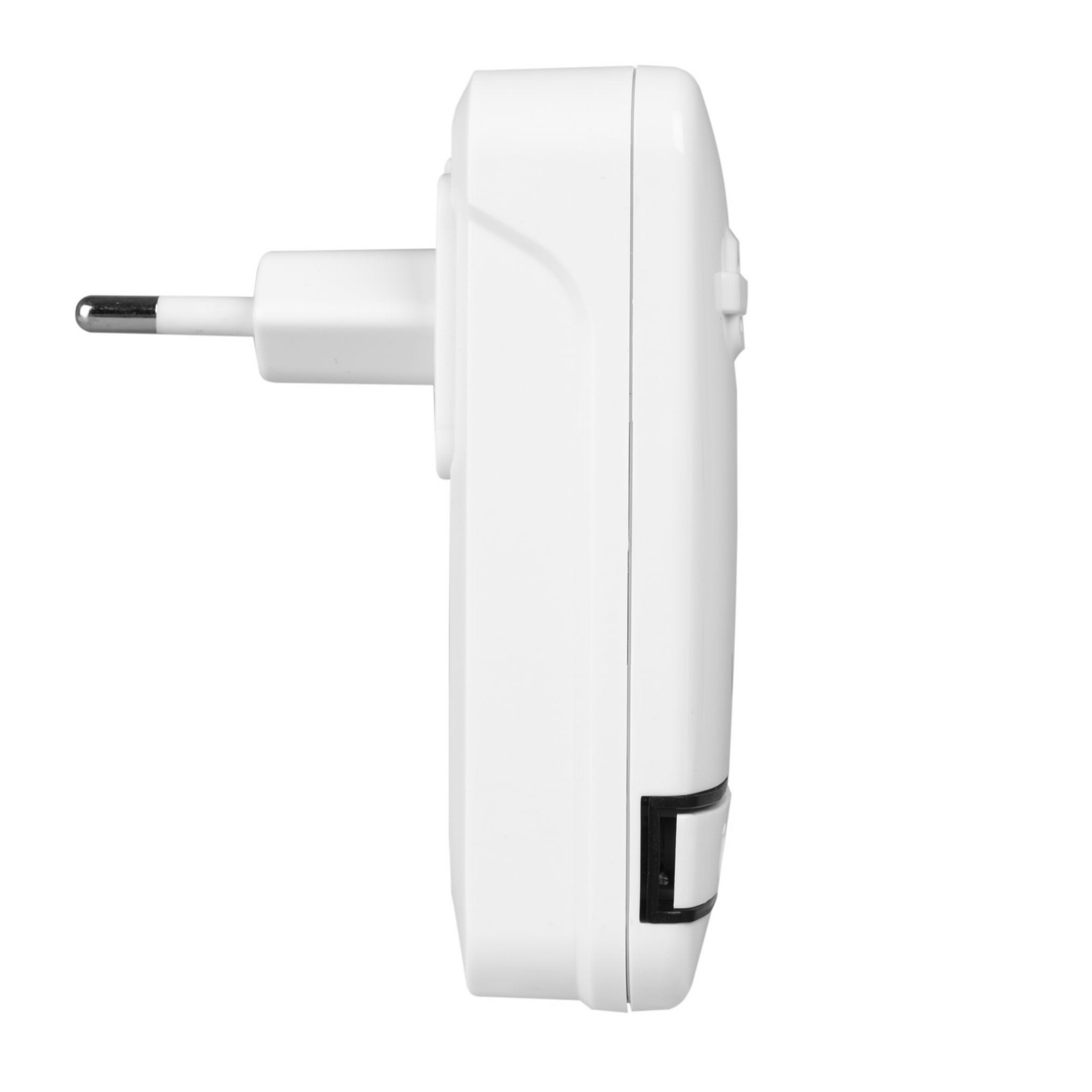 Biała, prostokątna wtyczka ścienna z wtyczką w stylu europejskim i czarnym gniazdem.