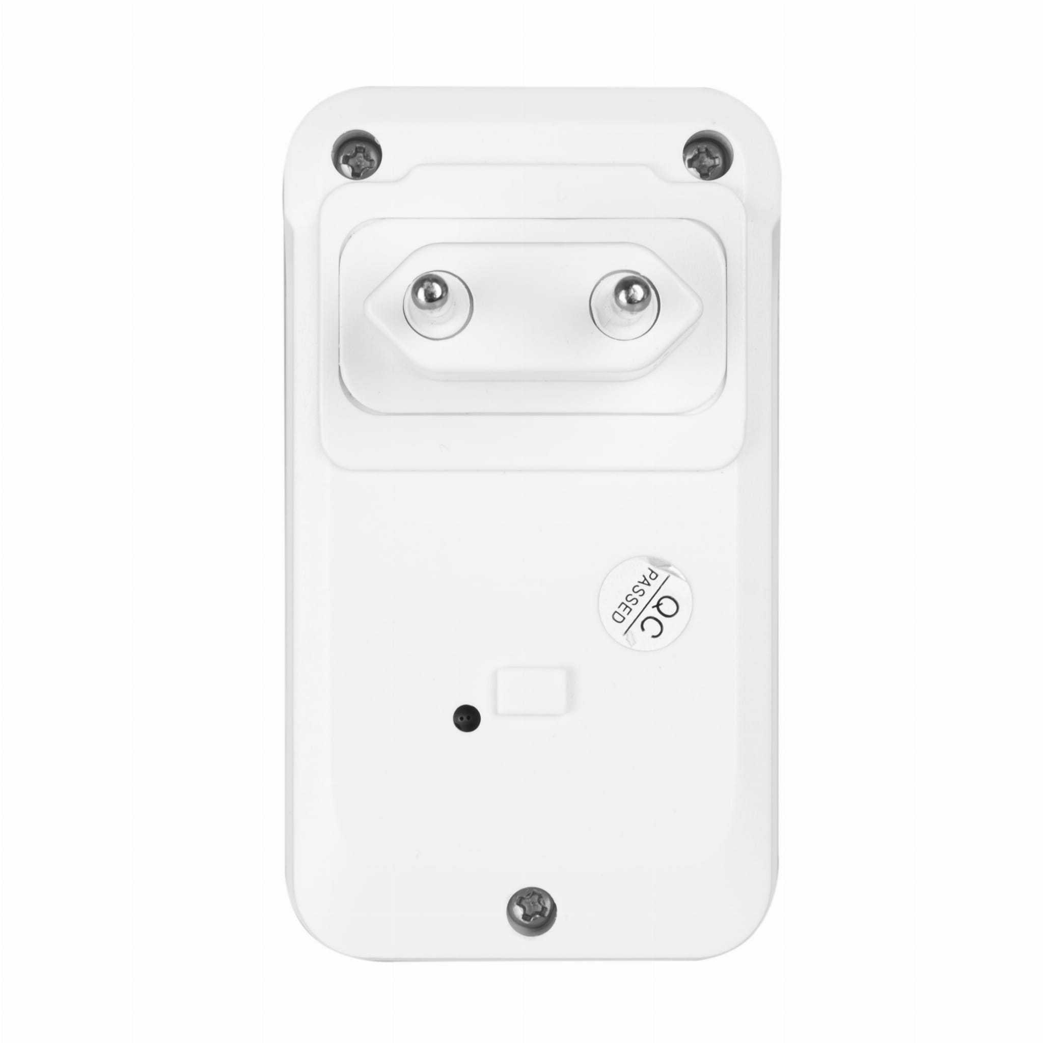 Biały zasilacz z wtyczką, widok z góry.