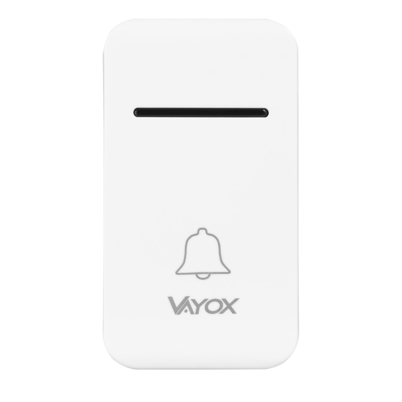 Biały przycisk dzwonka bezprzewodowego. Przycisk posiada ikonę dzwonka i markę VAYOX.