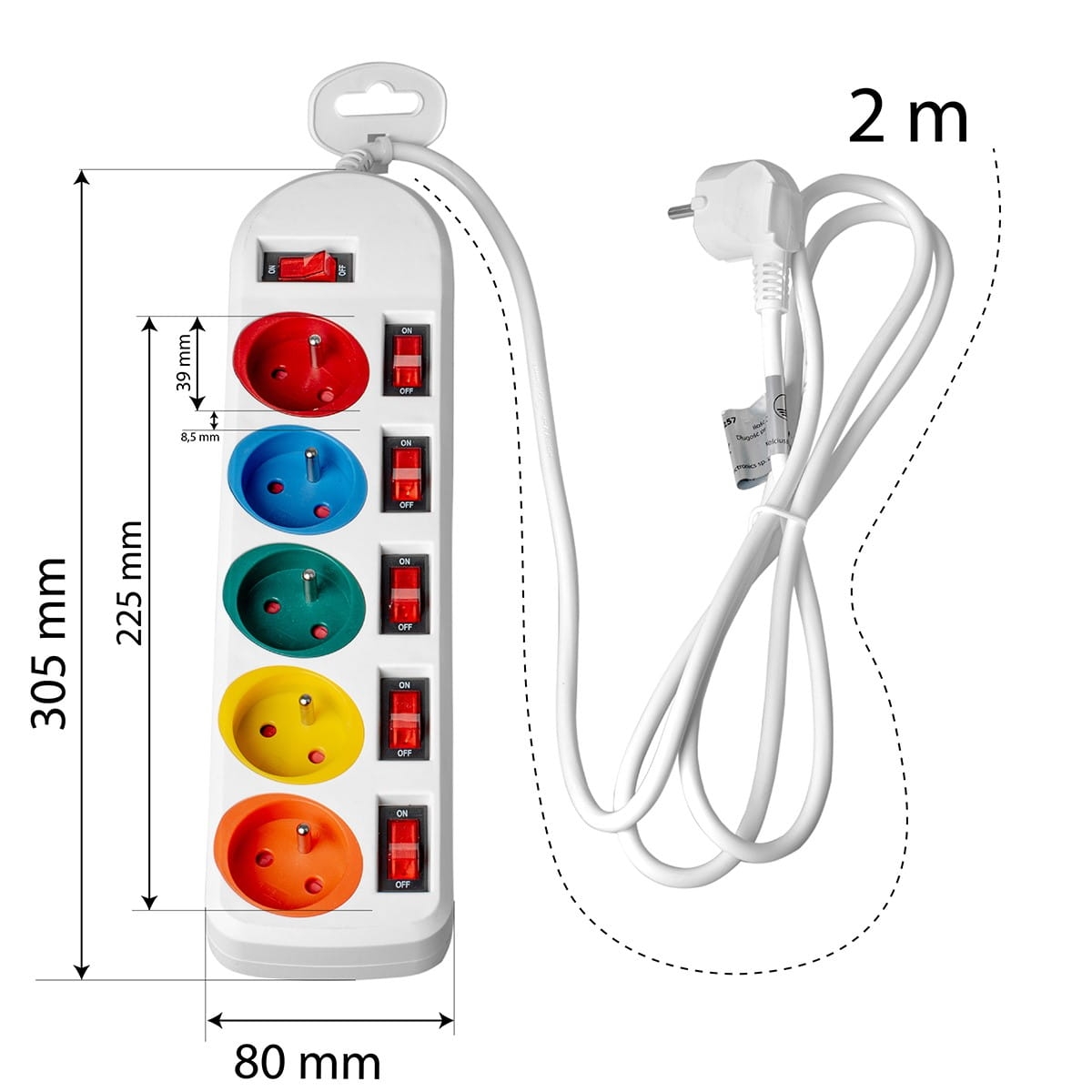 Biała listwa zasilająca z wieloma kolorowymi gniazdami i przełącznikami, z wymiarami i przewodem zasilającym.