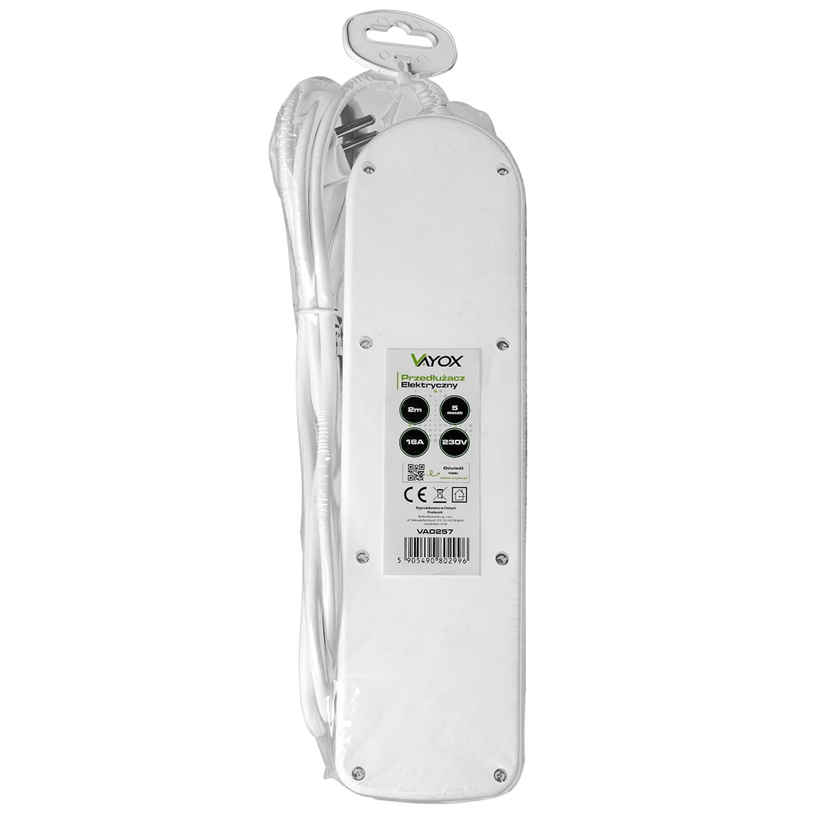 Biała listwa zasilająca w plastikowym opakowaniu, ze szczegółami i wieszakiem.