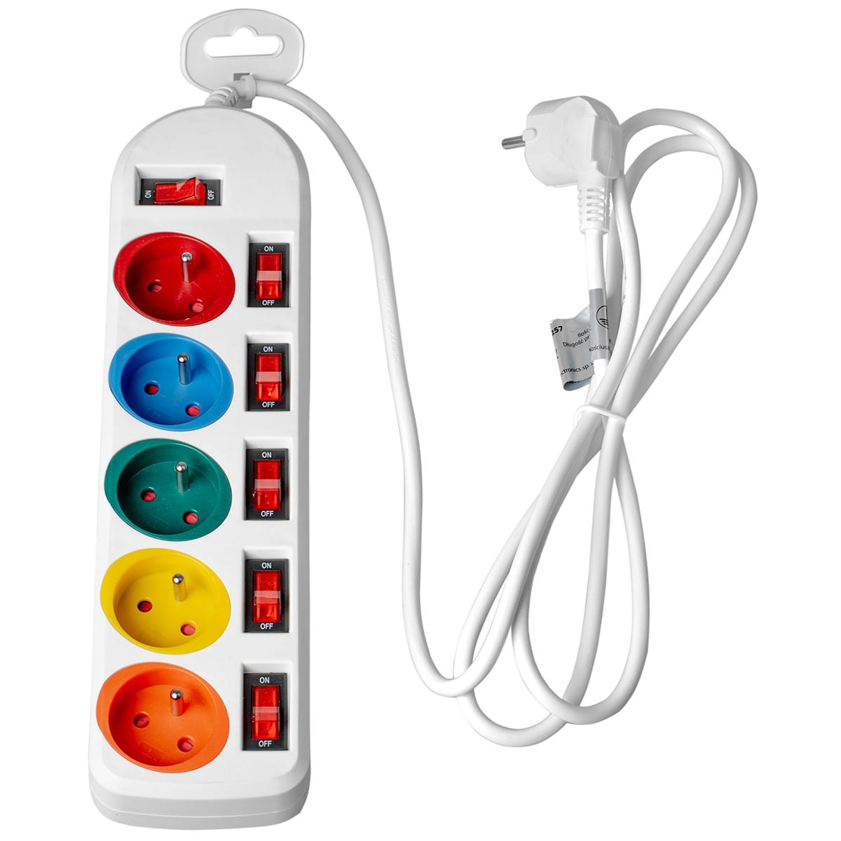 Biała listwa zasilająca z wieloma gniazdami w różnych kolorach i indywidualnymi przełącznikami.