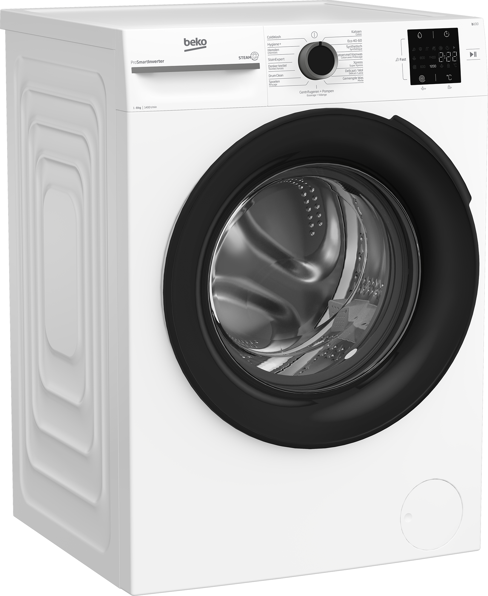 Vista frontale di lavatrice bianca con porta nera, ampio quadrante circolare con display.
