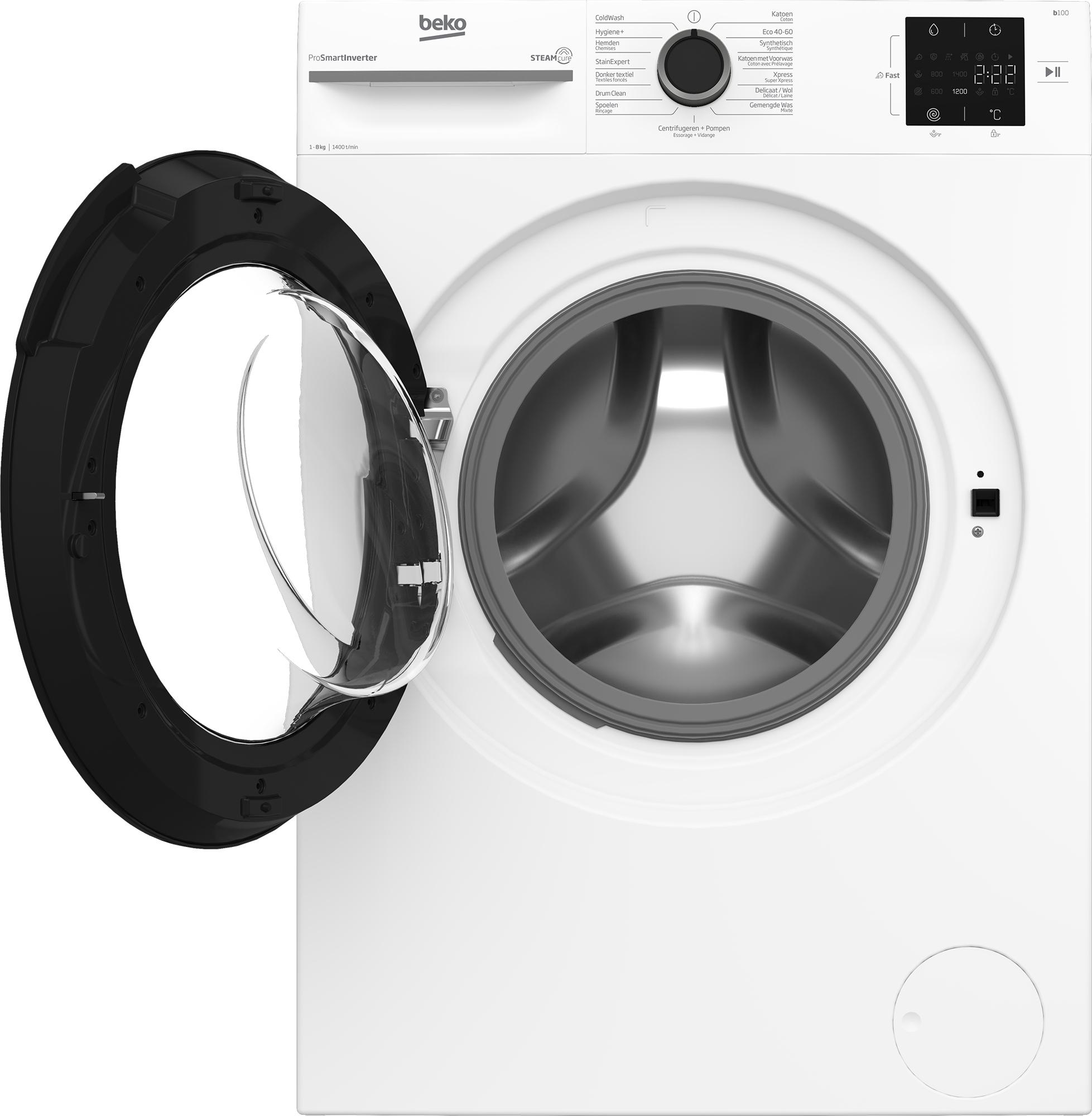 Una lavatrice Beko bianca con la porta aperta, che rivela il cestello. Un pannello di controllo è visibile sopra.