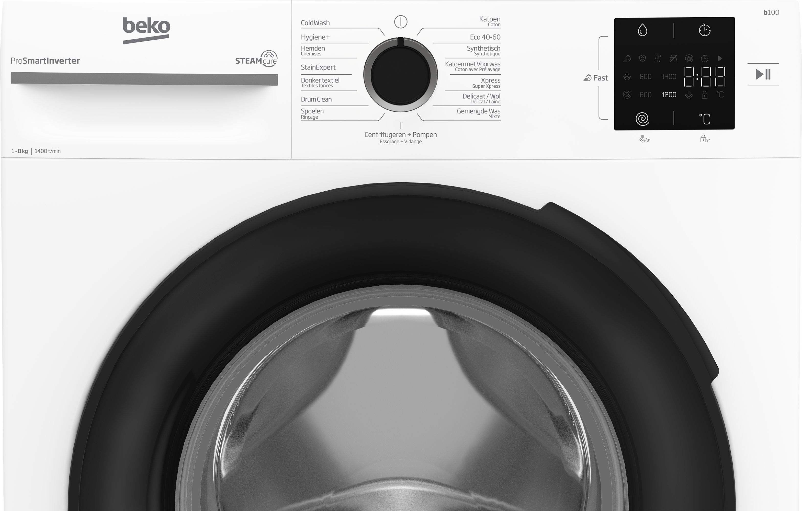 Pannello comandi lavatrice con programmi, display digitale e funzione vapore.