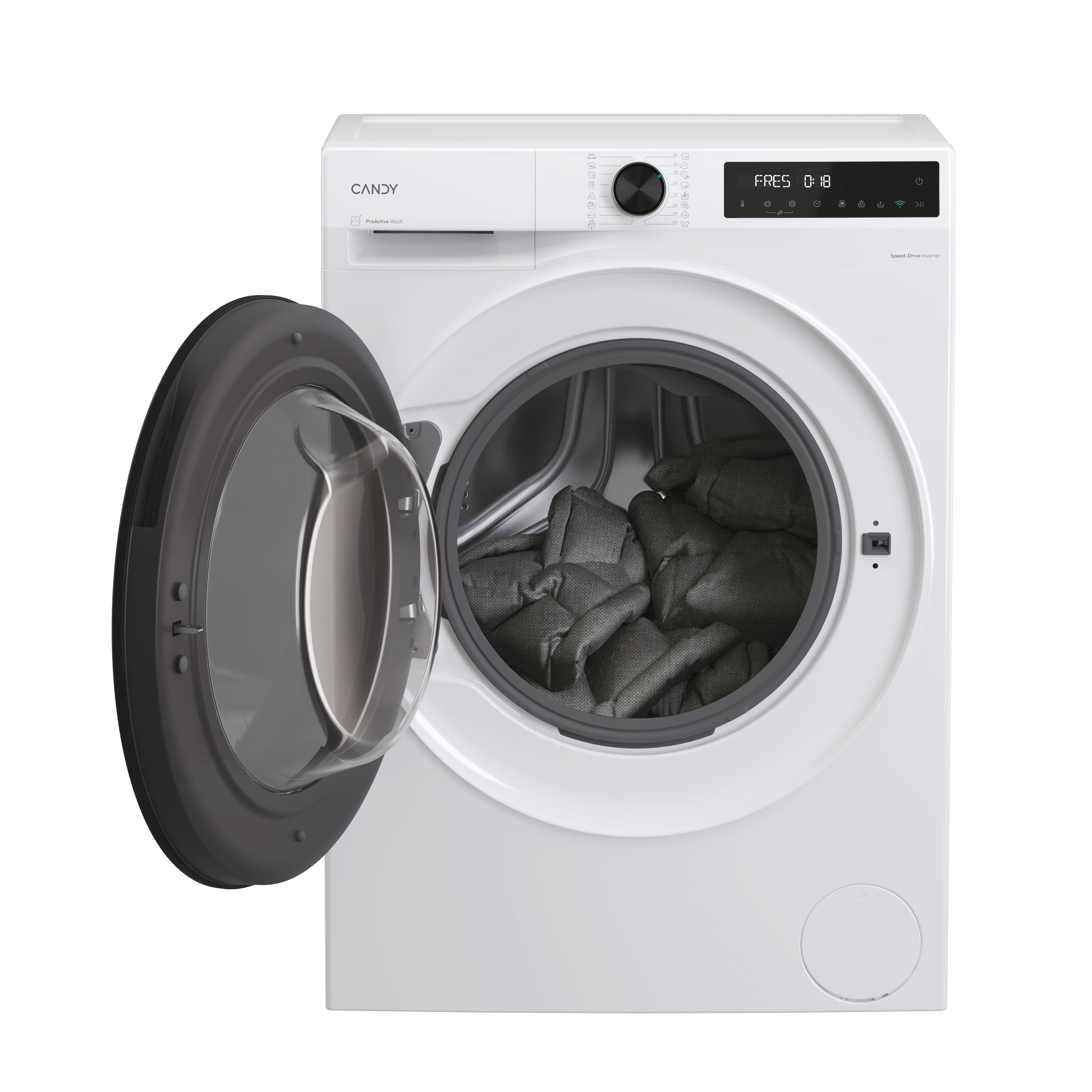 Lavadora Candy blanca con puerta abierta. Ropa gris dentro, fondo blanco.
