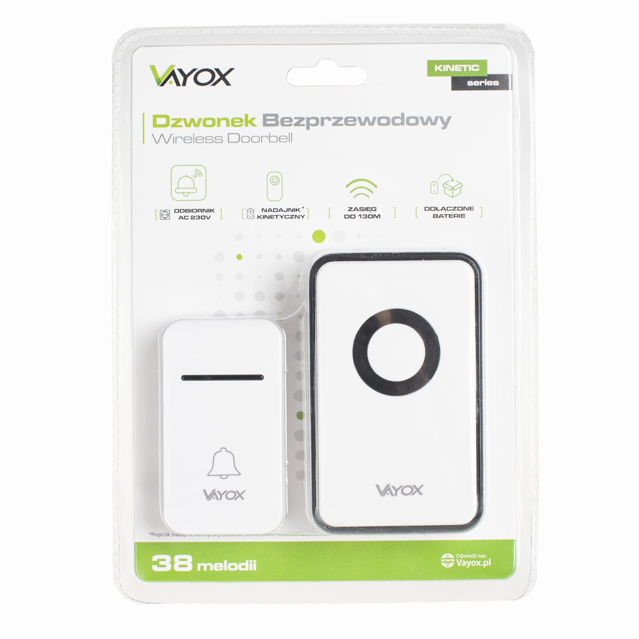 Opakowanie białego dzwonka do drzwi. Ma odbiornik w kształcie dzwonka i przycisk. Tekst brzmi VAYOX.