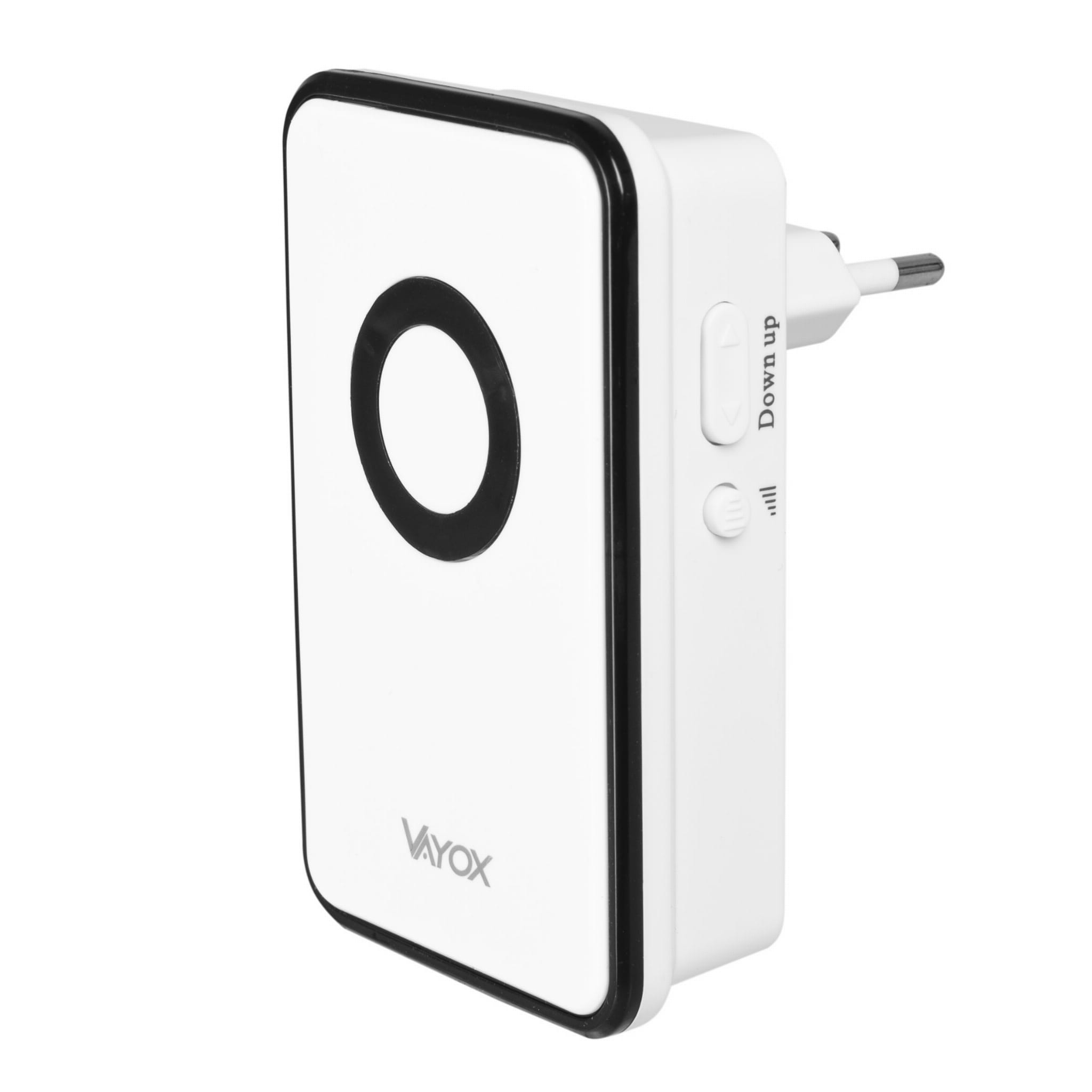 Białe urządzenie naścienne z dużym czarnym okręgiem i nazwą VAYOX.