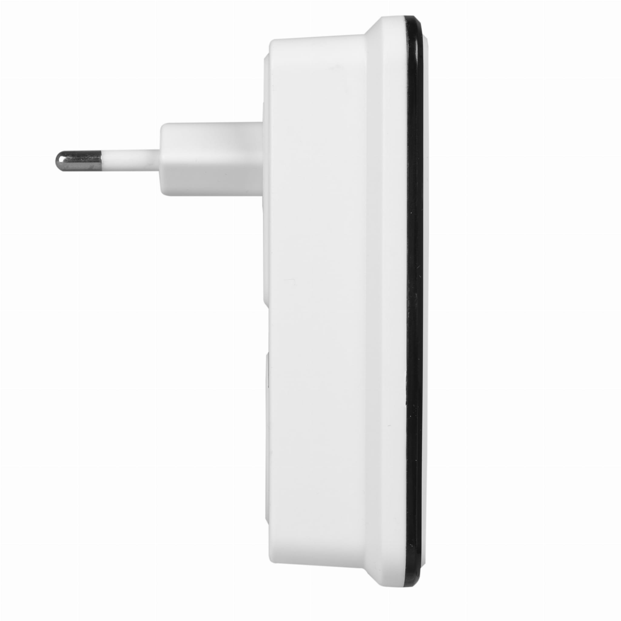 Widok z boku białego odbiornika dzwonka z wtyczką i czarnym obramowaniem.