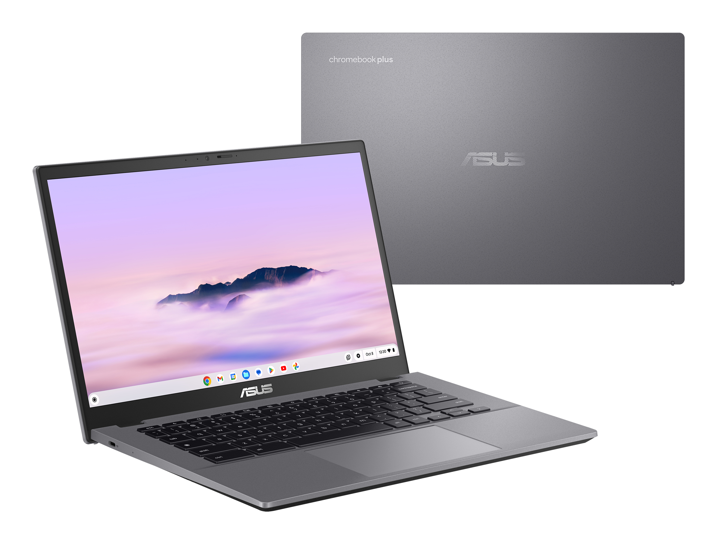 Grauer ASUS-Laptop, offen, Bildschirm zeigt Wolkenhimmel, Chromebook.