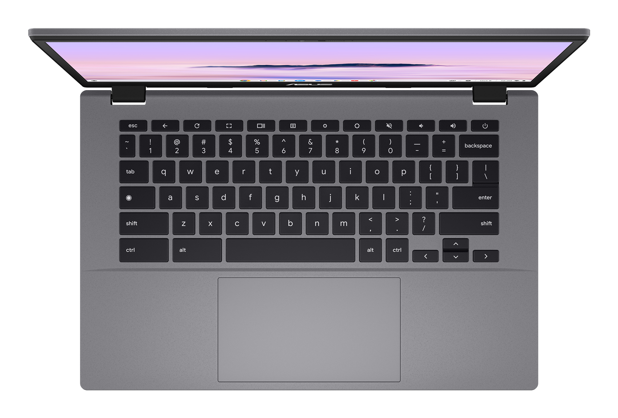 Laptop-Tastatur, Draufsicht. Graue Tasten. Ein Touchpad befindet sich unten. Der Bildschirm ist geöffnet.