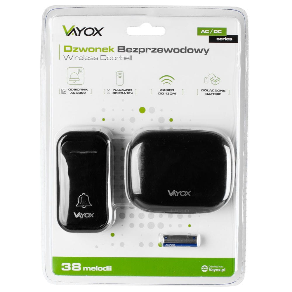 Czarno-biały zestaw bezprzewodowego dzwonka. Zawiera dzwonek, odbiornik i baterię.