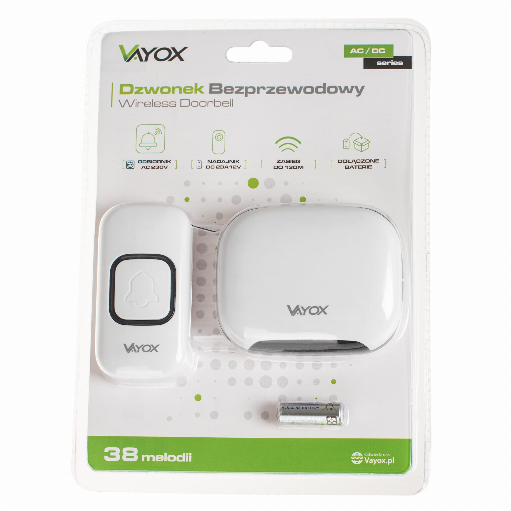 Biało-szary zestaw bezprzewodowego dzwonka. Zawiera dzwonek, odbiornik i baterię.