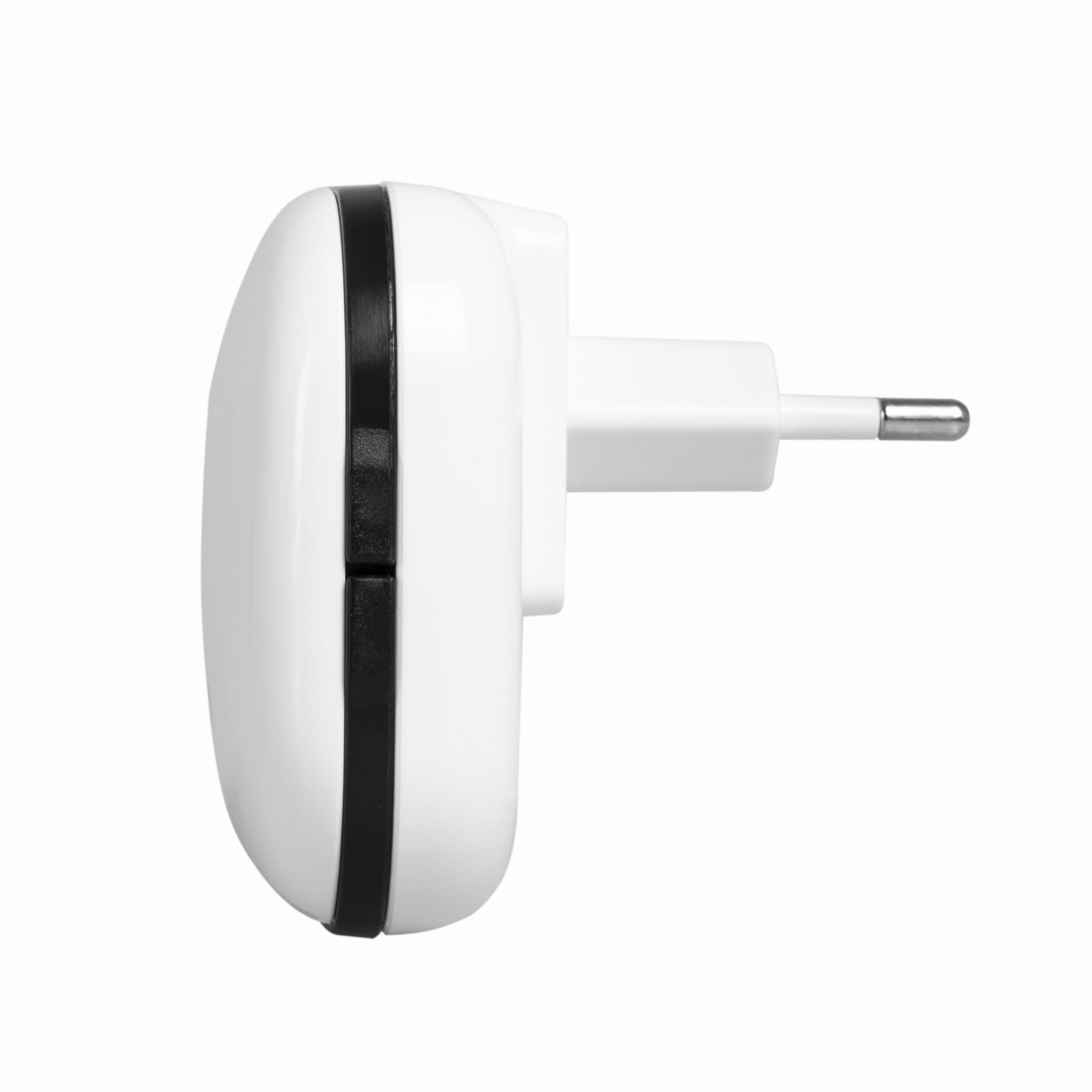 Biały zasilacz z czarnym paskiem i wtyczką europejską.