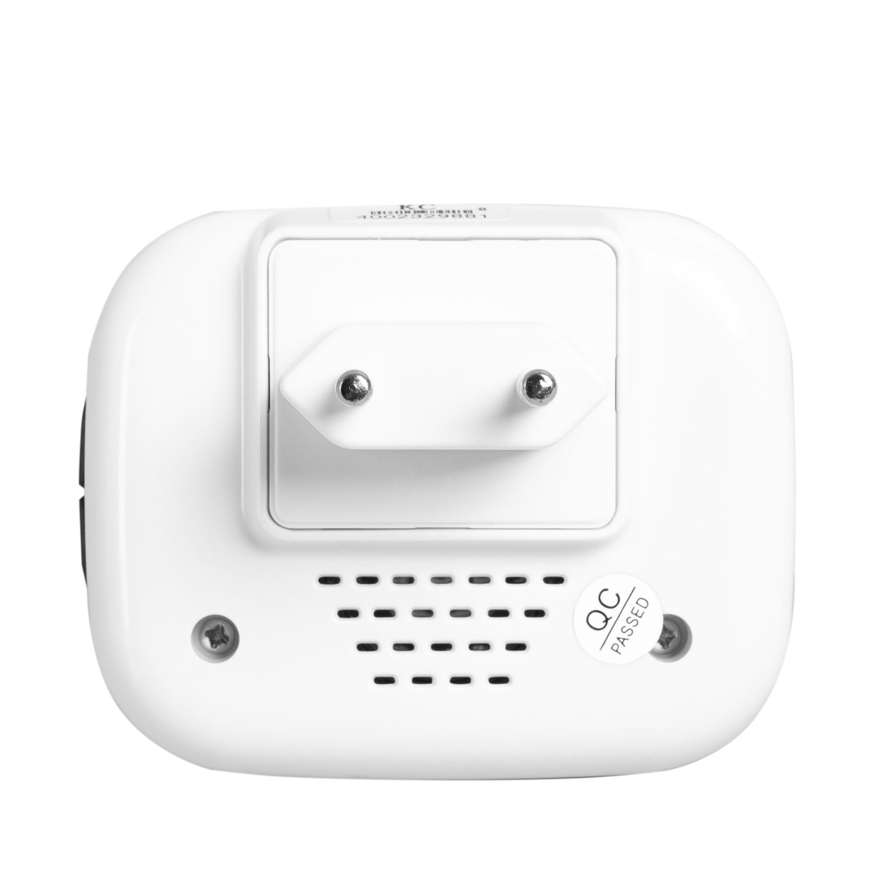 Zbliżenie tyłu białego odbiornika dzwonka Vayox z wtyczką i otworami głośnika.