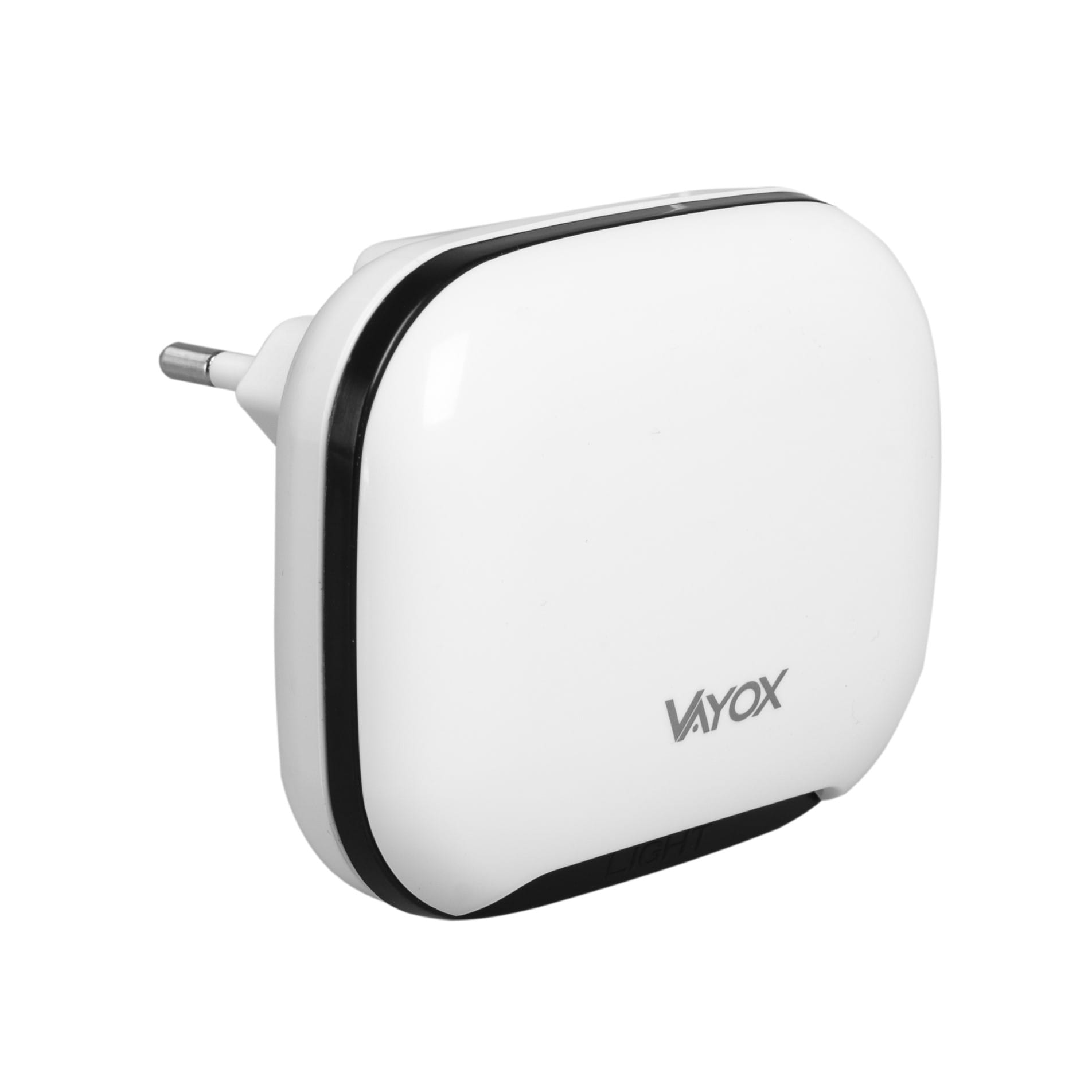 Biały odbiornik dzwonka Vayox z wtyczką z tyłu. Czarne detale.