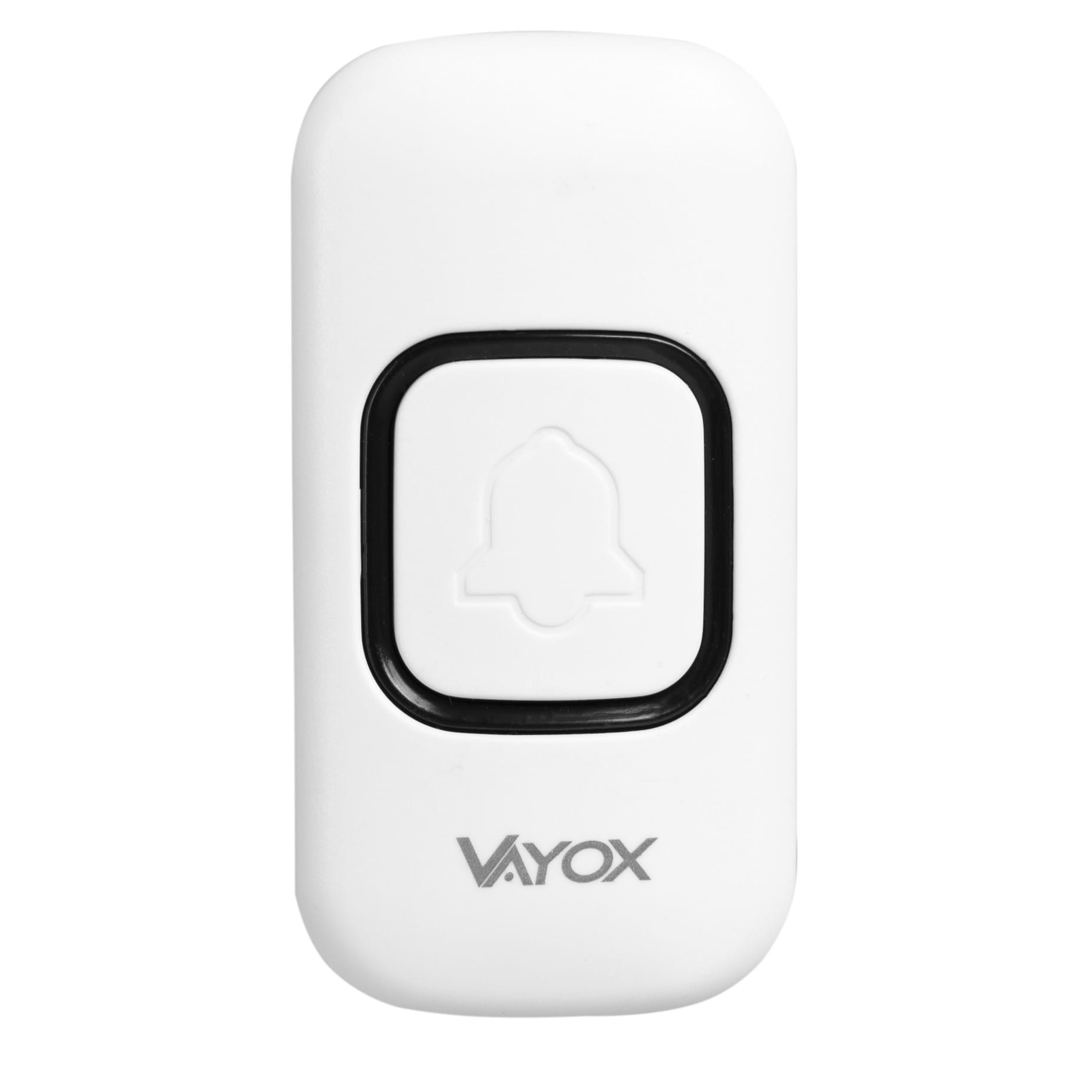 Biały dzwonek do drzwi z czarnym kwadratowym przyciskiem z ikoną dzwonka i słowem VAYOX.