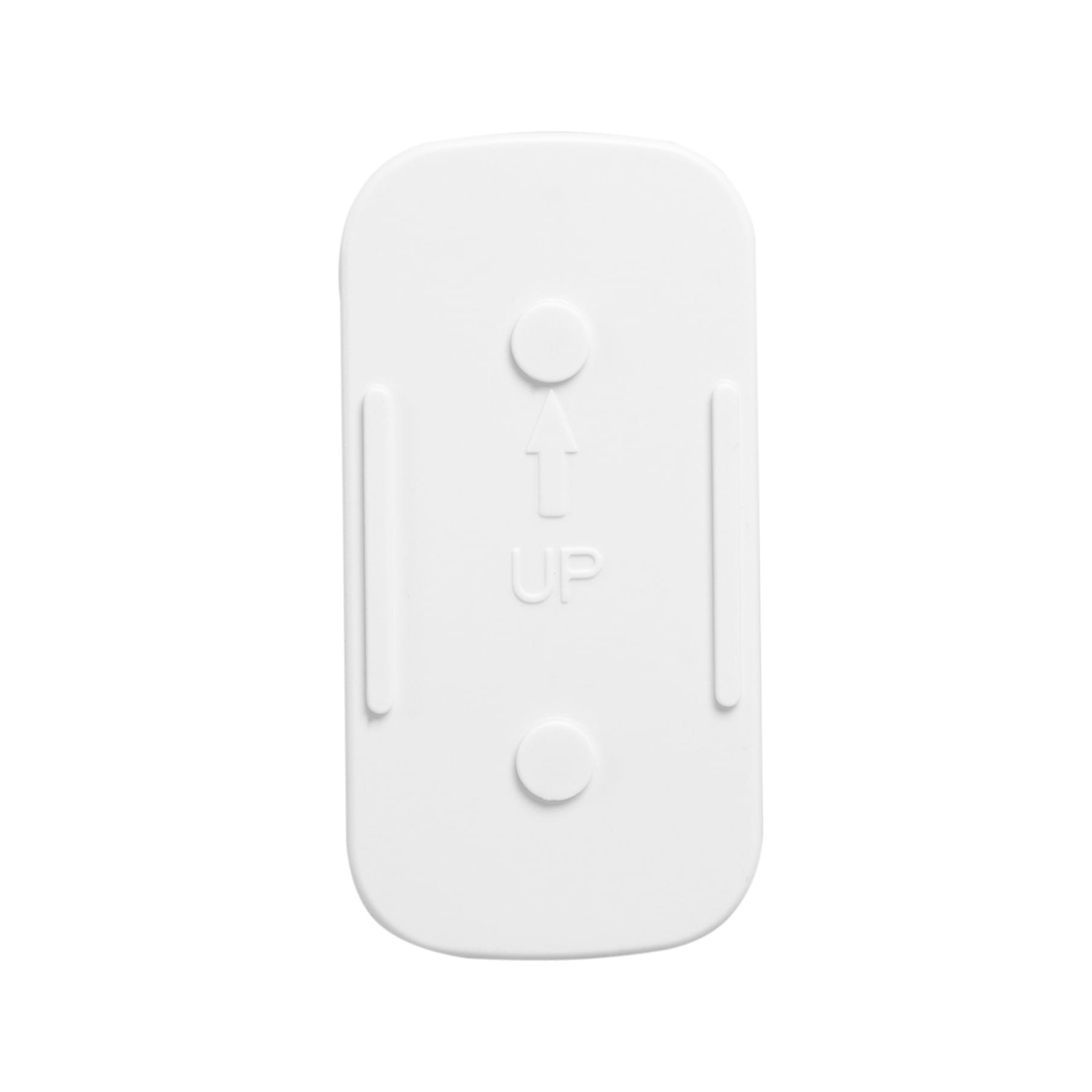 Biały plastikowy prostokąt z zaokrąglonym wierzchem. Ma strzałkę w górę i słowo 'UP'.