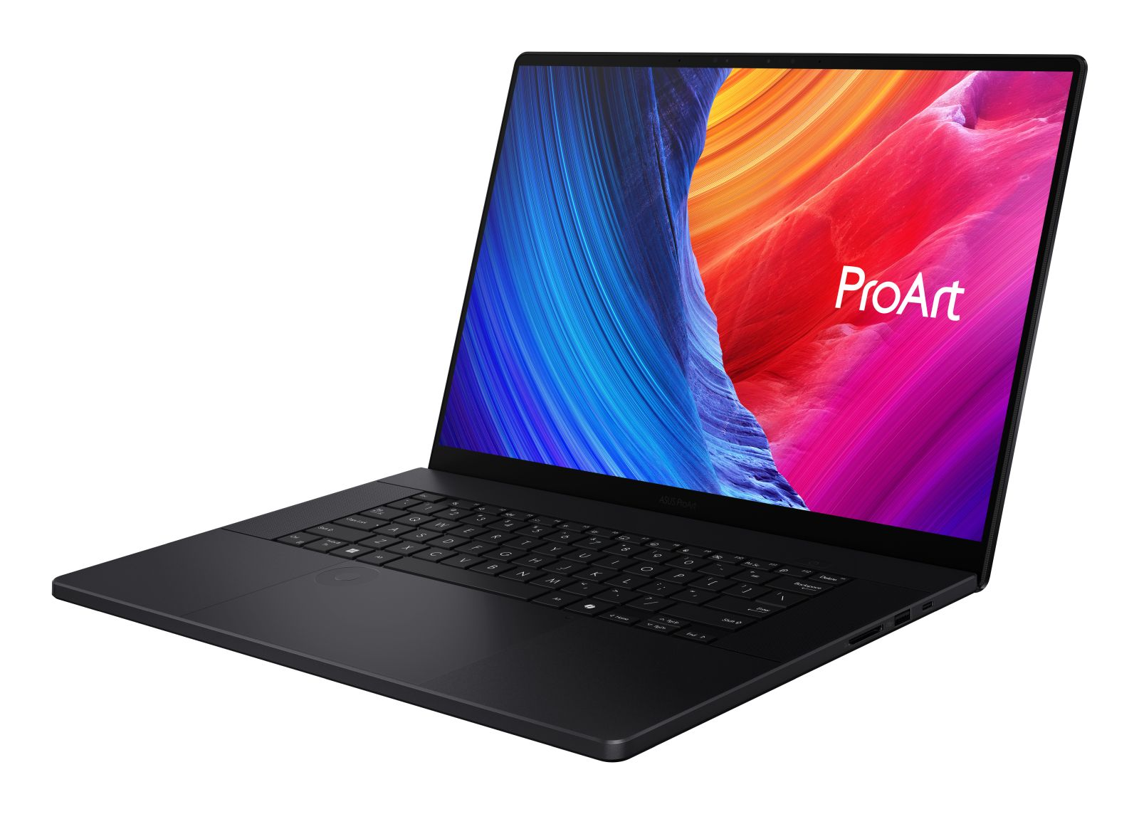 Schwarzer Laptop mit offenem Bildschirm, der ein farbenfrohes, abstraktes Design mit dem ProArt-Logo zeigt.