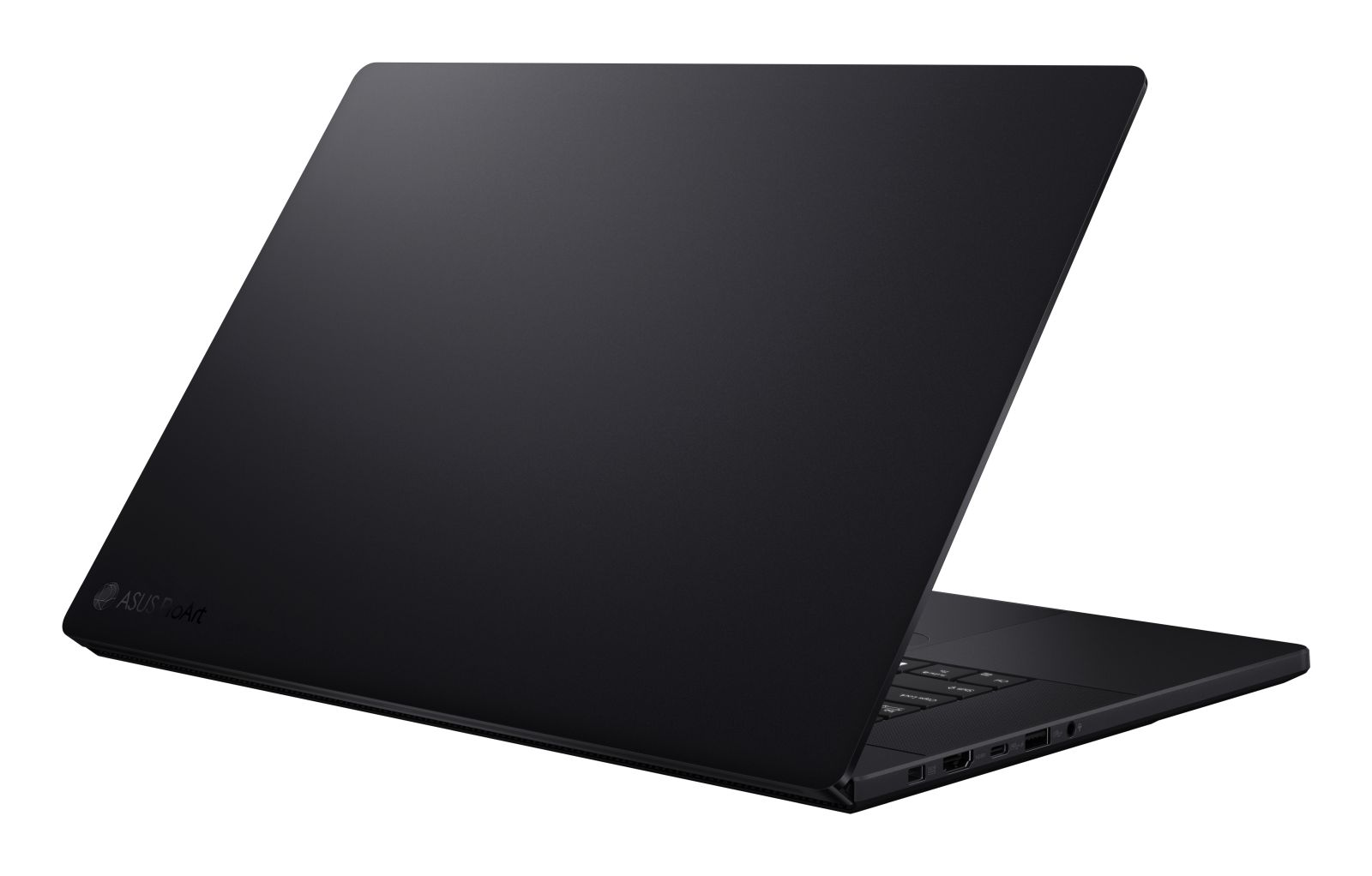 Schwarzer Laptop mit ASUS ProArt Logo. Der Deckel ist geschlossen und leicht angewinkelt.