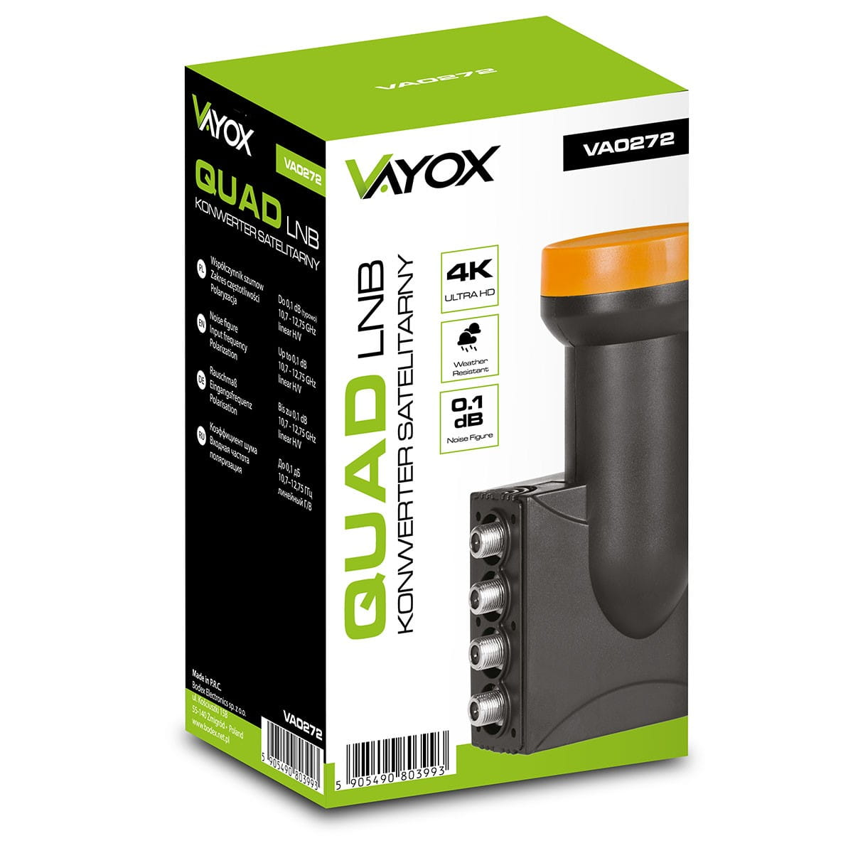 Pudełko na konwerter LNB. Pudełko ma tekst, a LNB jest widoczny, w kolorach czarnym i pomarańczowym.