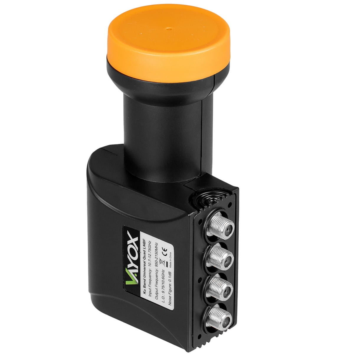 Czarny odbiornik satelitarny z pomarańczową górą. Cztery porty wejściowe i VAYOX.