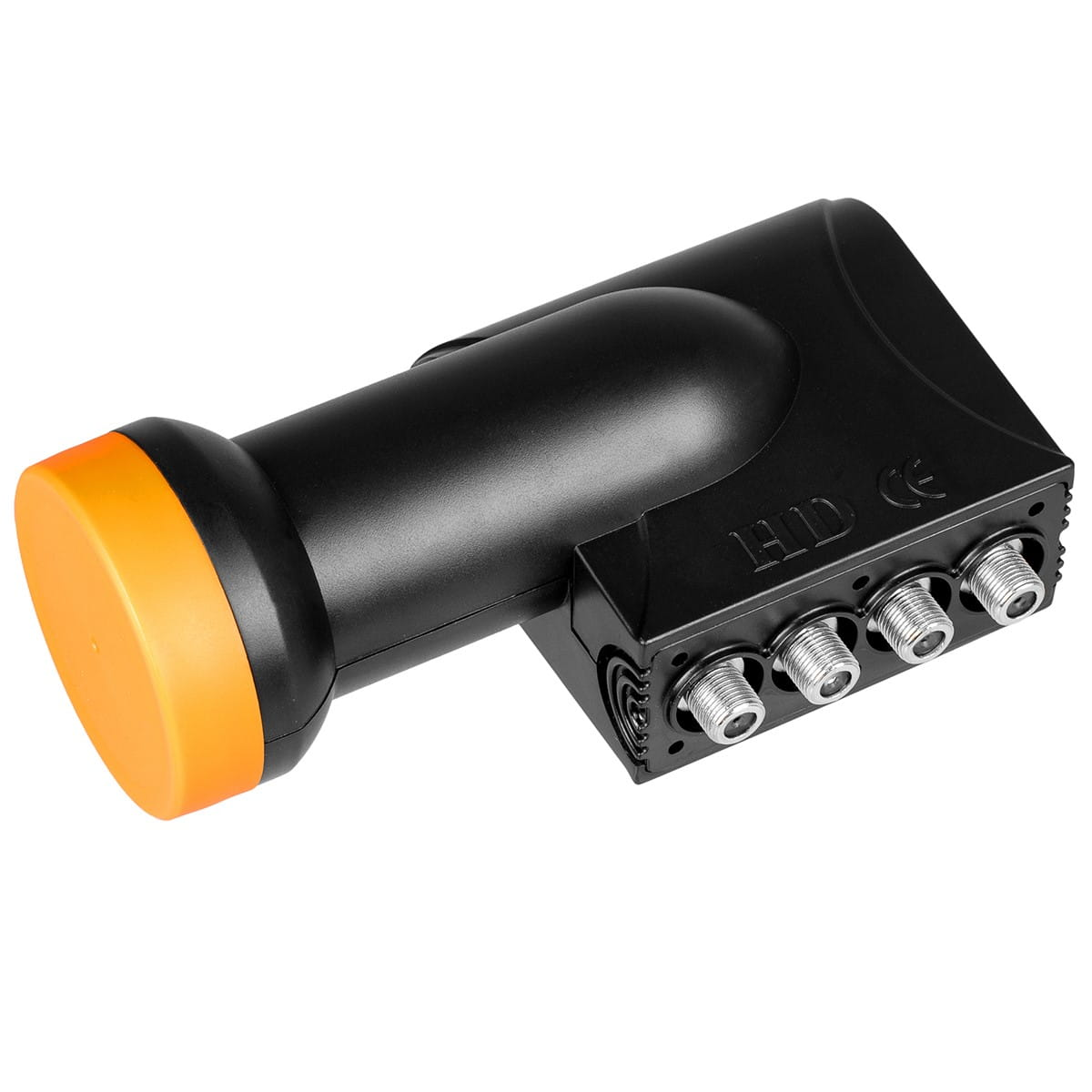 Czarny odbiornik satelitarny z pomarańczową górą, czterema portami i napisem HD CE.