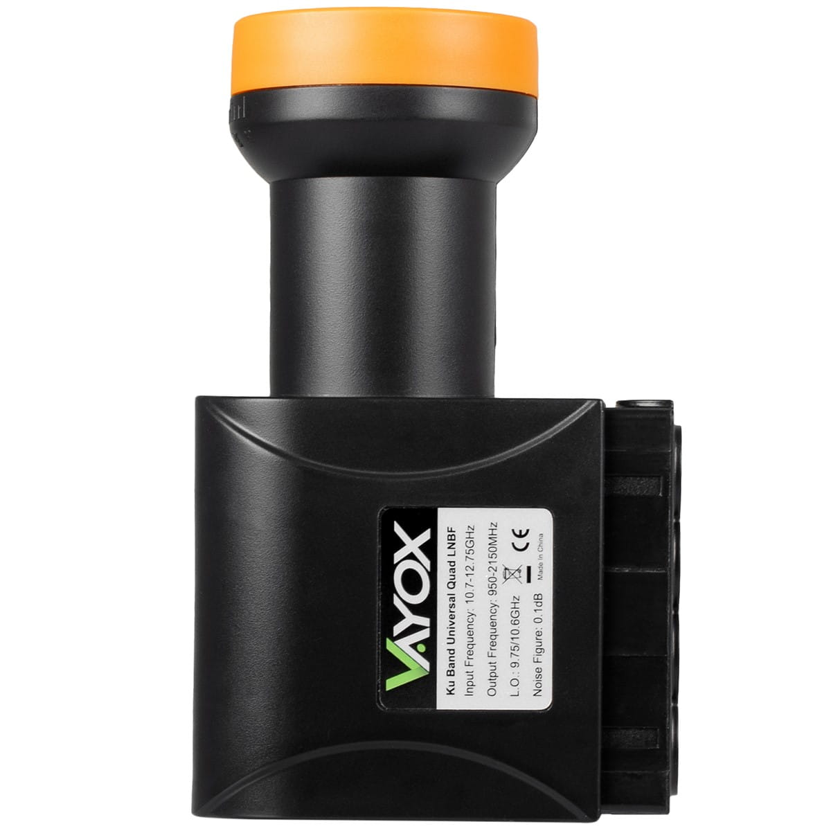 Konwerter LNB z czarnym korpusem i pomarańczową głowicą na białym tle. Marka to Vayox.