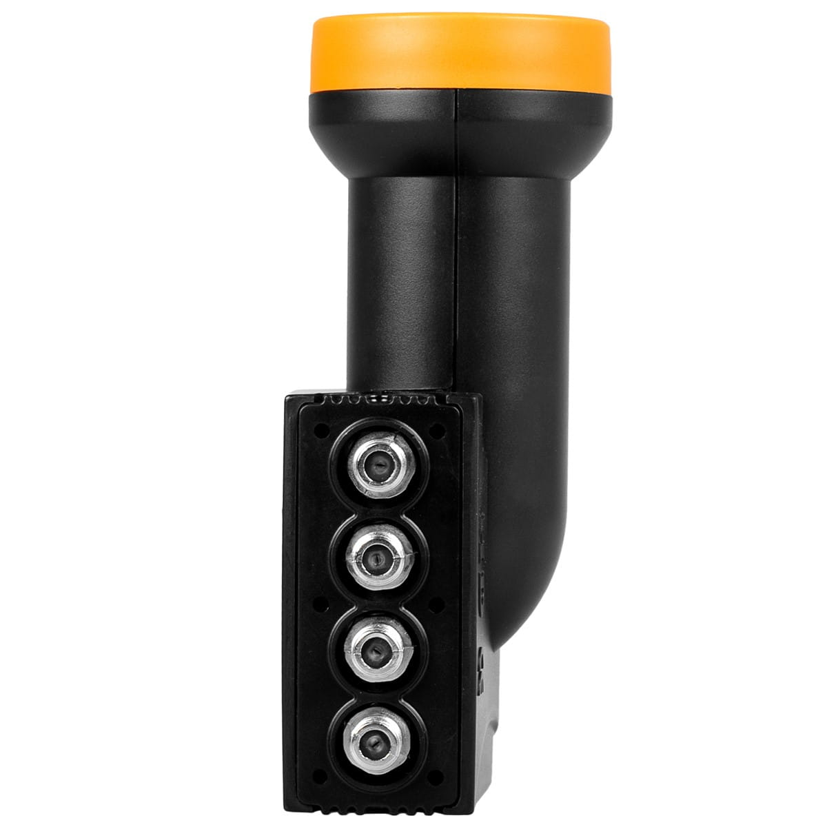 Czarny odbiornik satelitarny z pomarańczową górą i czterema złączami koncentrycznymi.