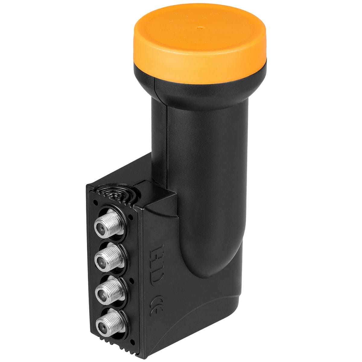 Czarny odbiornik satelitarny z pomarańczową górą. Cztery porty wejściowe i VAYOX.