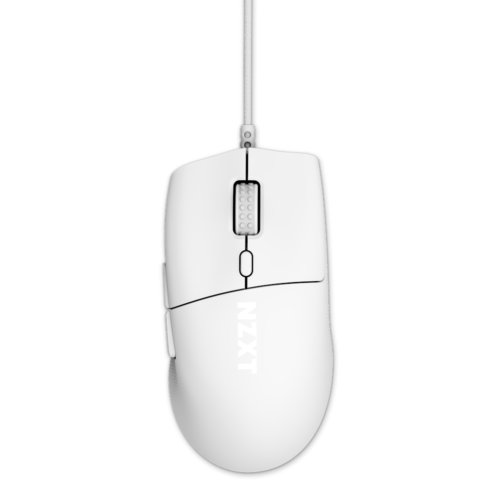 A white computer mouse with buttons, a scroll wheel, and the NZXT logo.