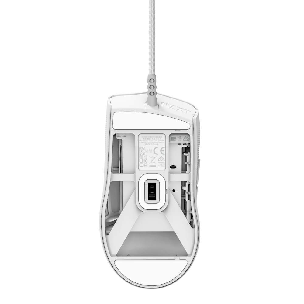 The underside of a white computer mouse, showing internal components and a cable.