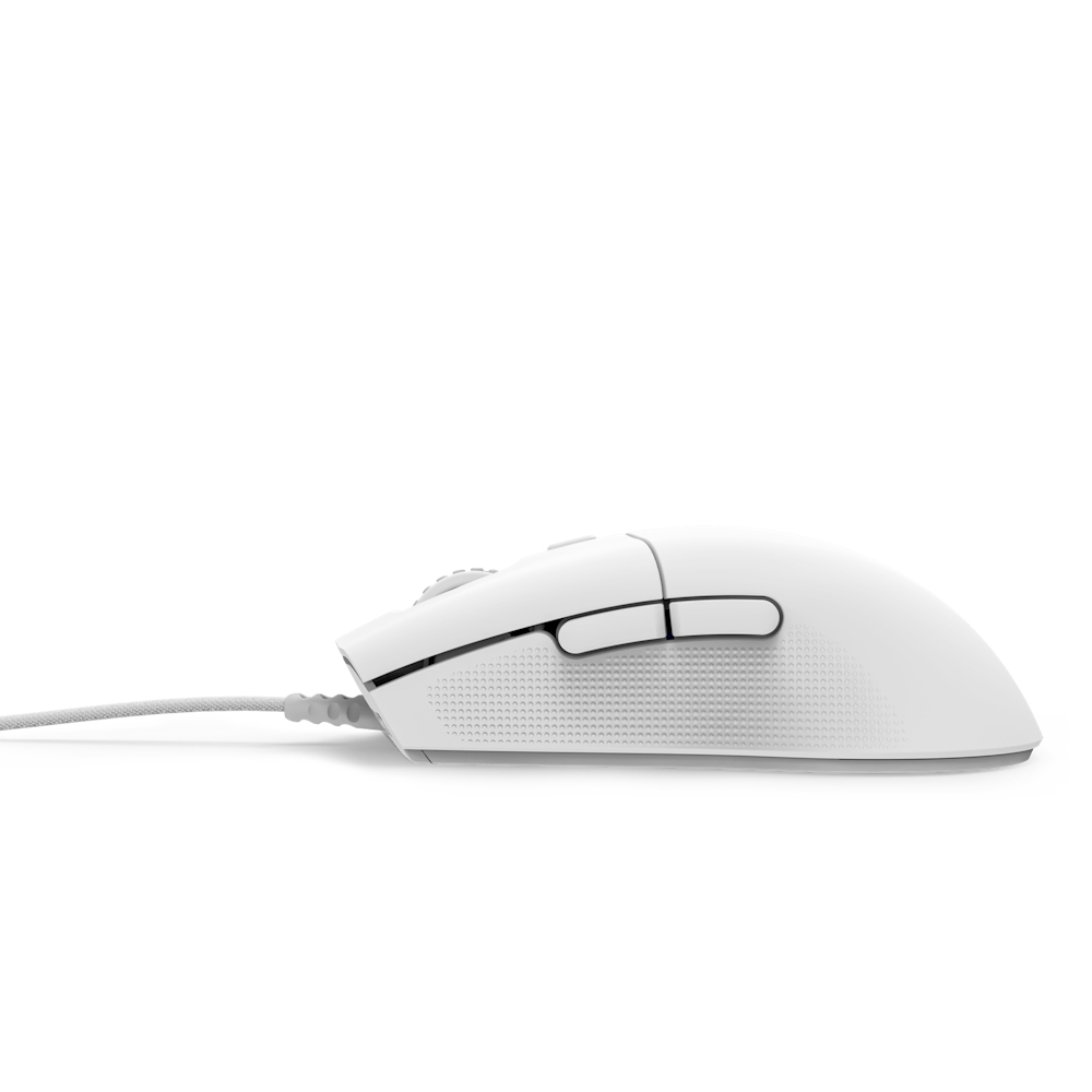 A white gaming mouse with a cable. The mouse has textured sides and buttons.
