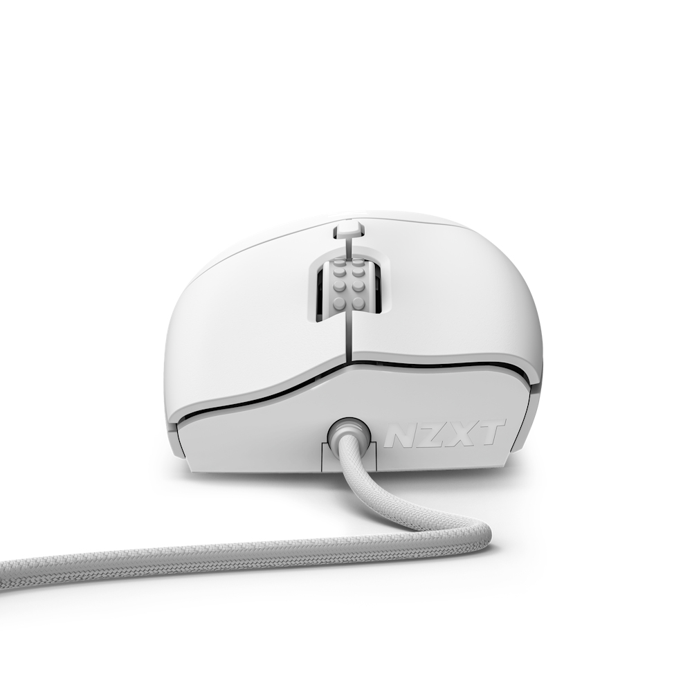 White NZXT mouse with a braided cable, seen from the rear. White background.